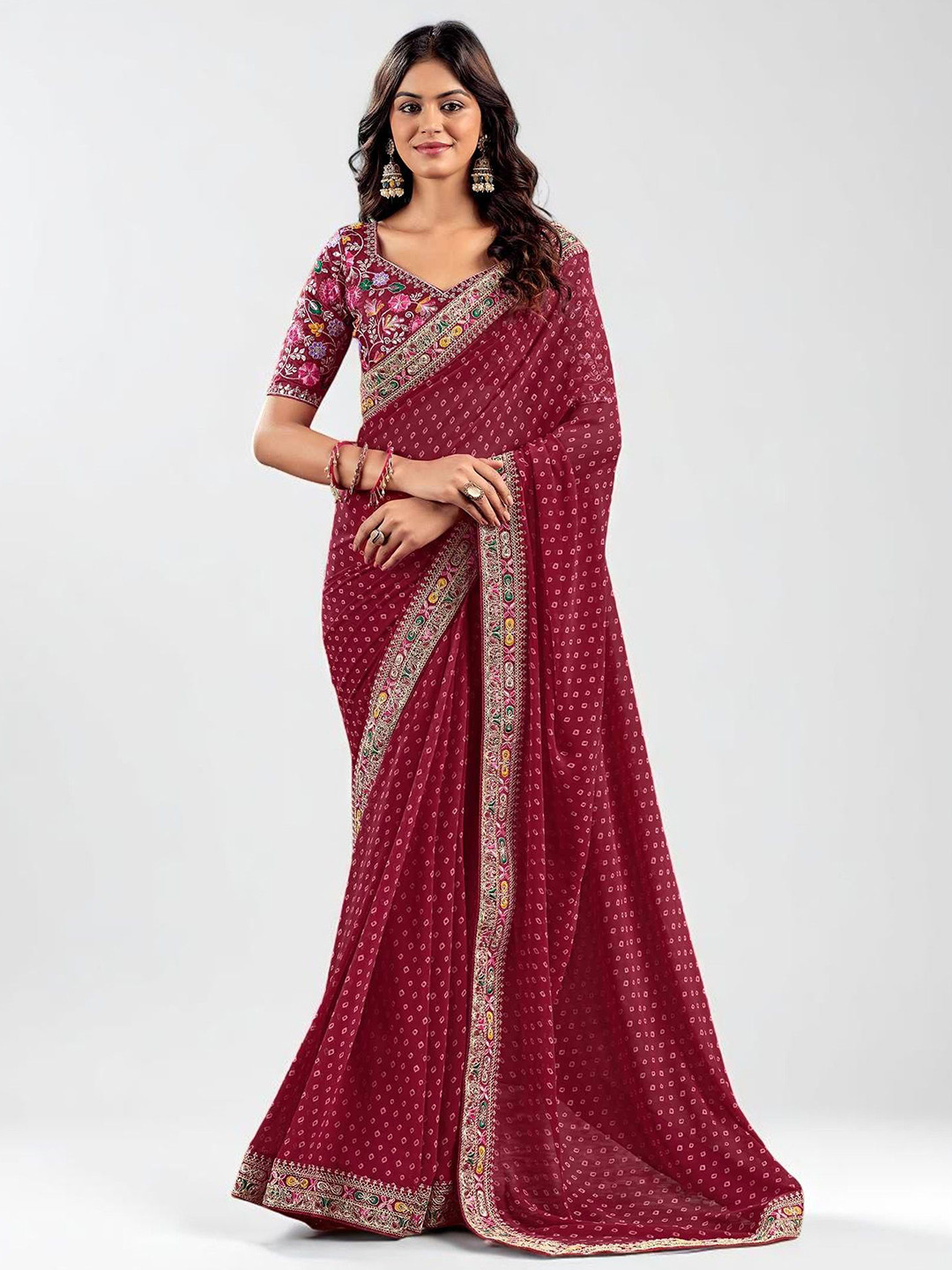 Vipra Designer Printed Embroidered Pure Georgette Bandhani Saree