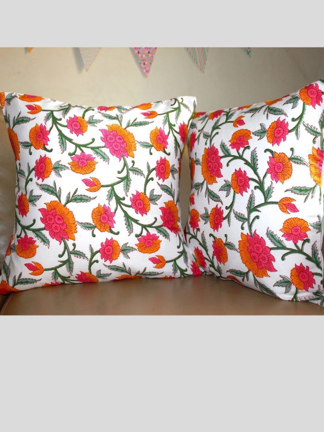 PILOVILO Orange & Pink 2 Pieces Floral Printed Cotton Silk Square Cushion Covers