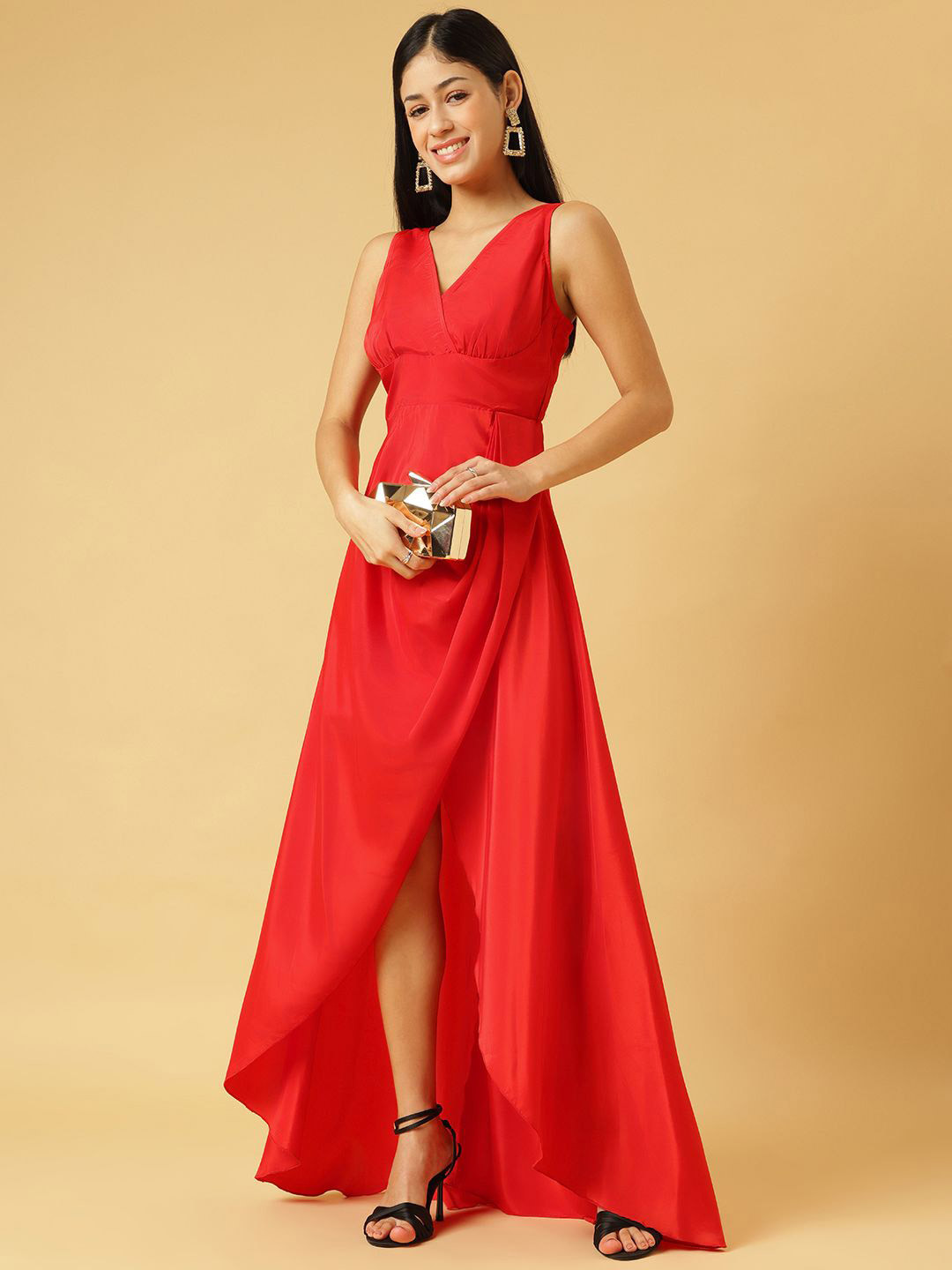 TRYMISFIT Women V-Neck Sheen Draped Maxi Dress