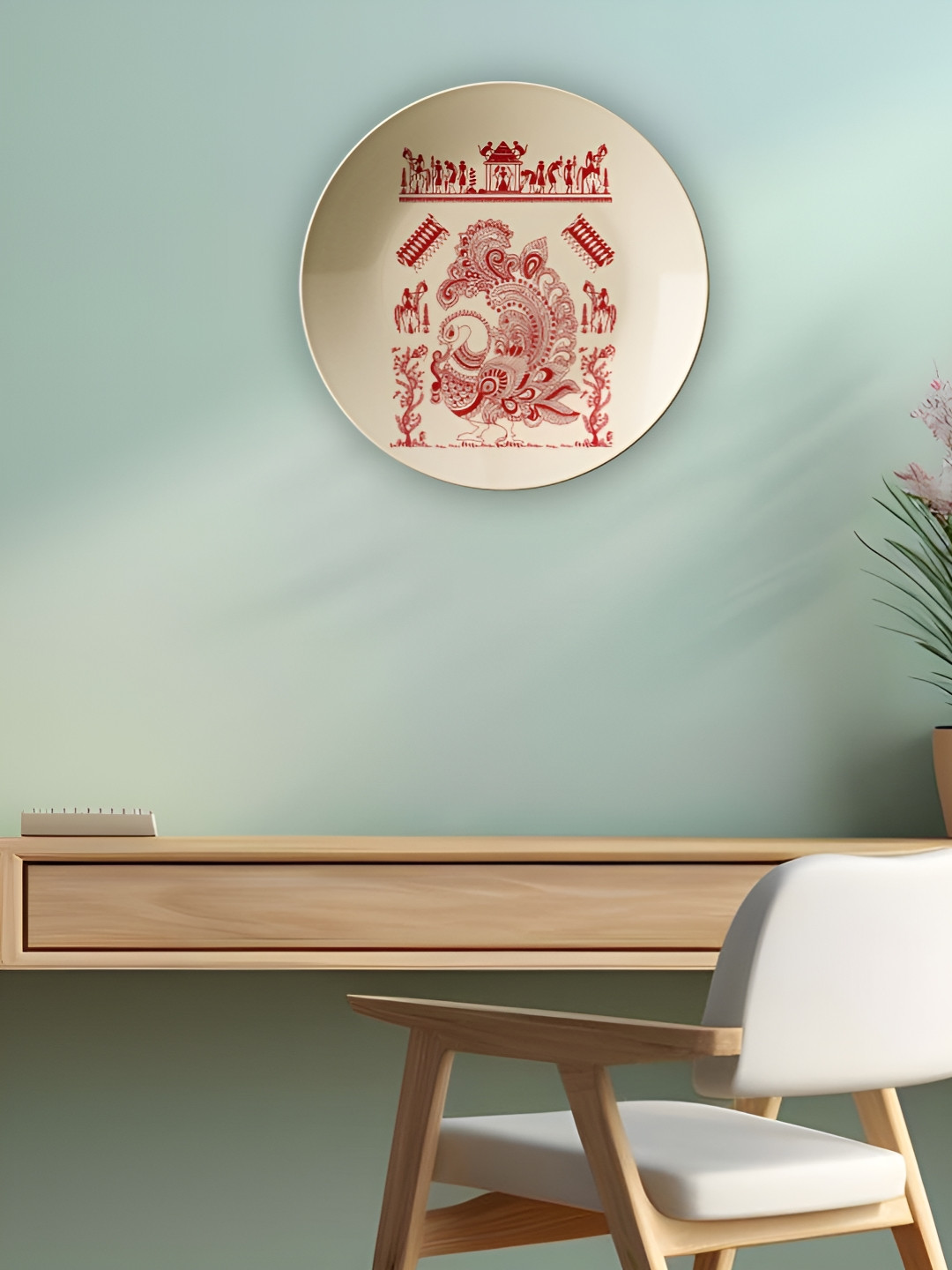 THE QUIRKY HOME Red Pichwai Peacock Ceramic Ethnic Motifs Glossy Hall Wall Plates-10In