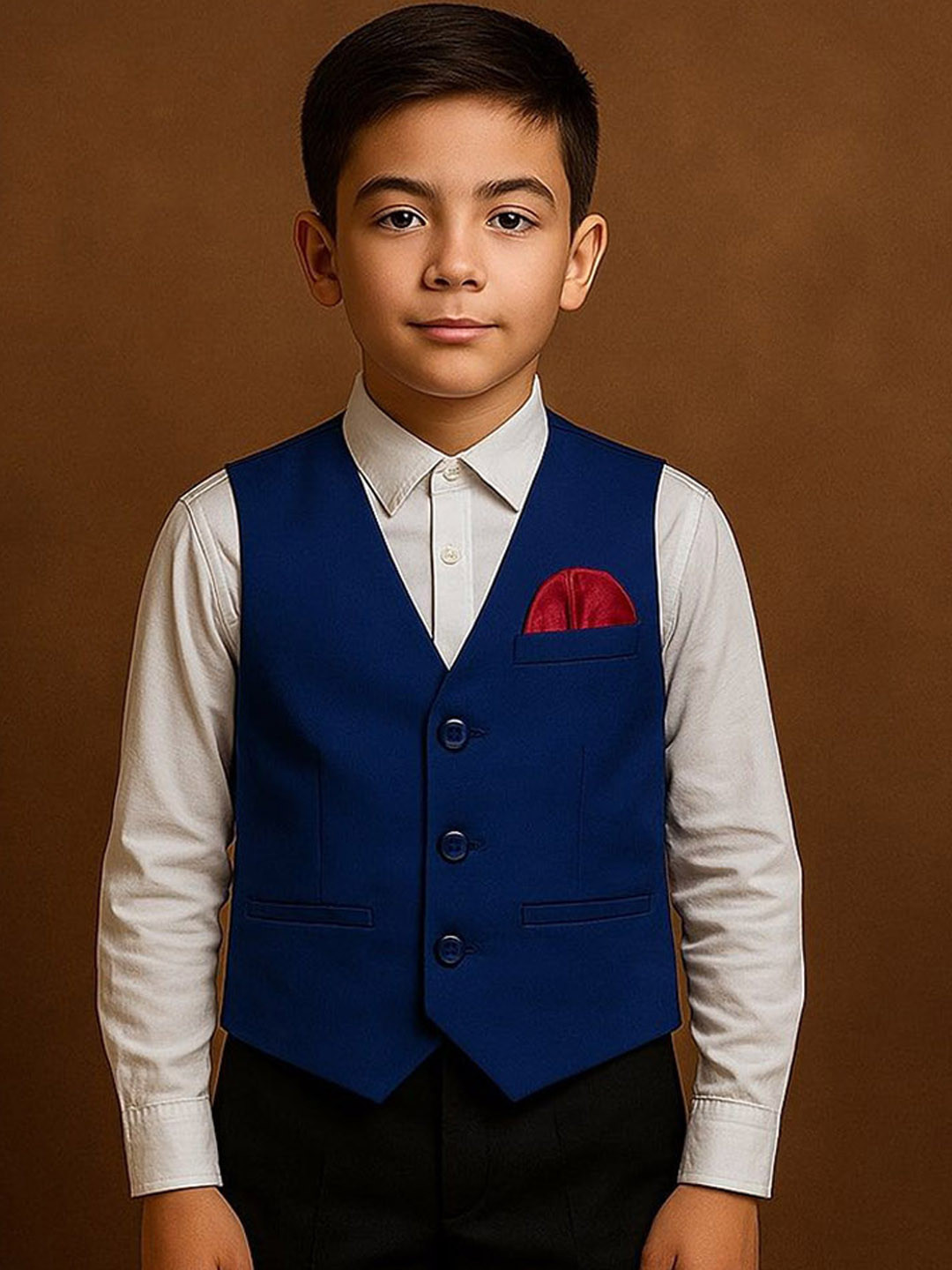 Qitty Boys V-Neck Party Wear Waistcoat With Brooch
