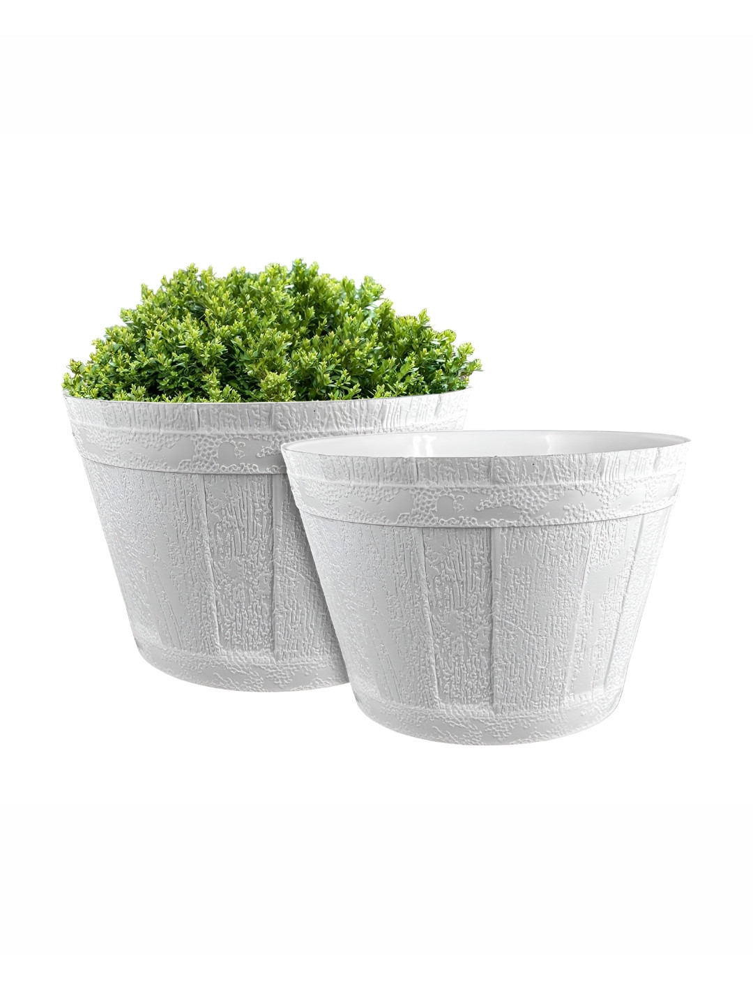 GARDEN'S NEED 2-Pcs White Textured Eco-Friendly Barrel Round Planters