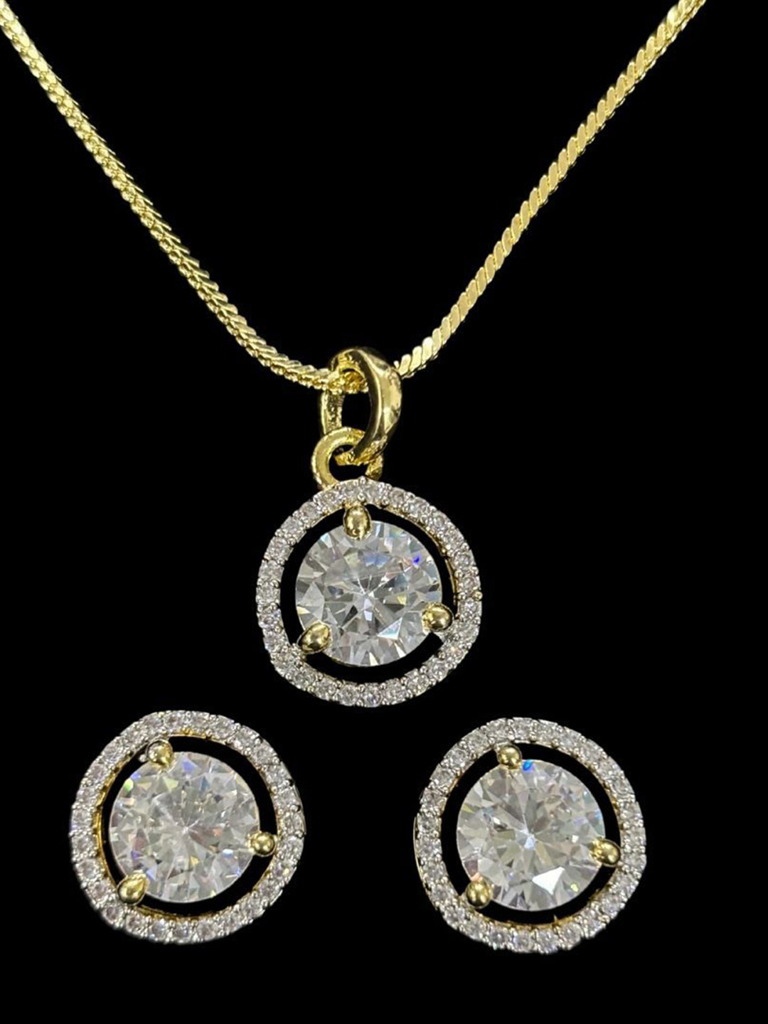 BDIVA Gold-Plated Cubic Zirconia Stones Studded Eternal Glow Circular Necklace & Earrings