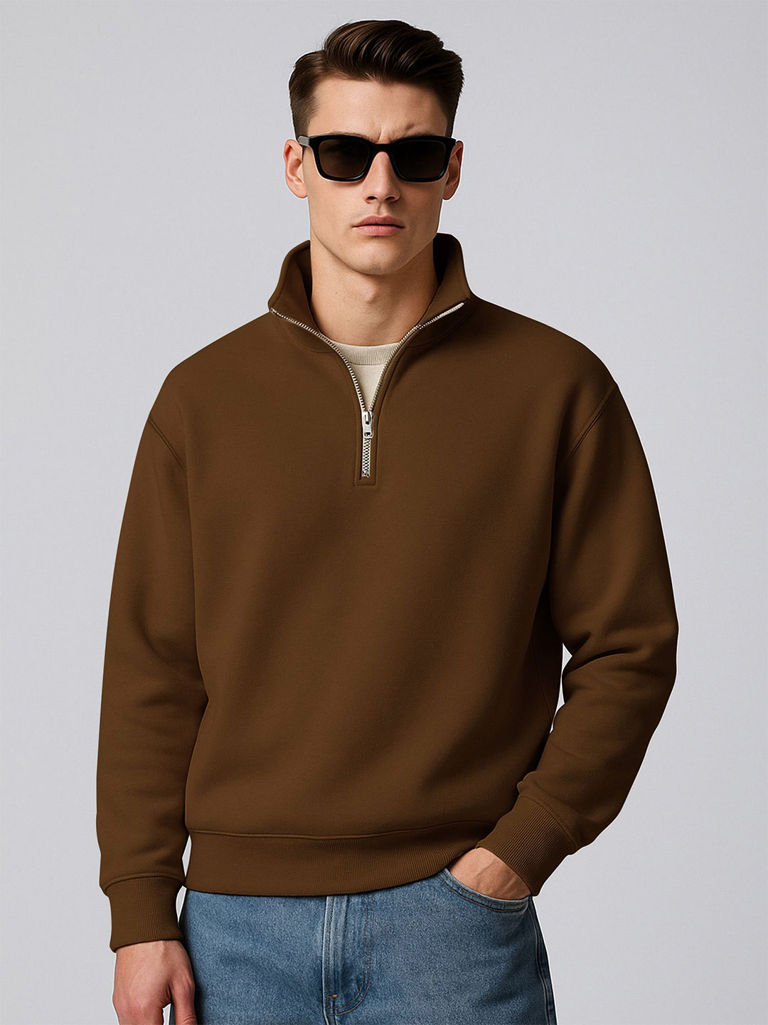 Maniac Men High Neck Pullover Cotton Fleece Sweatshirt