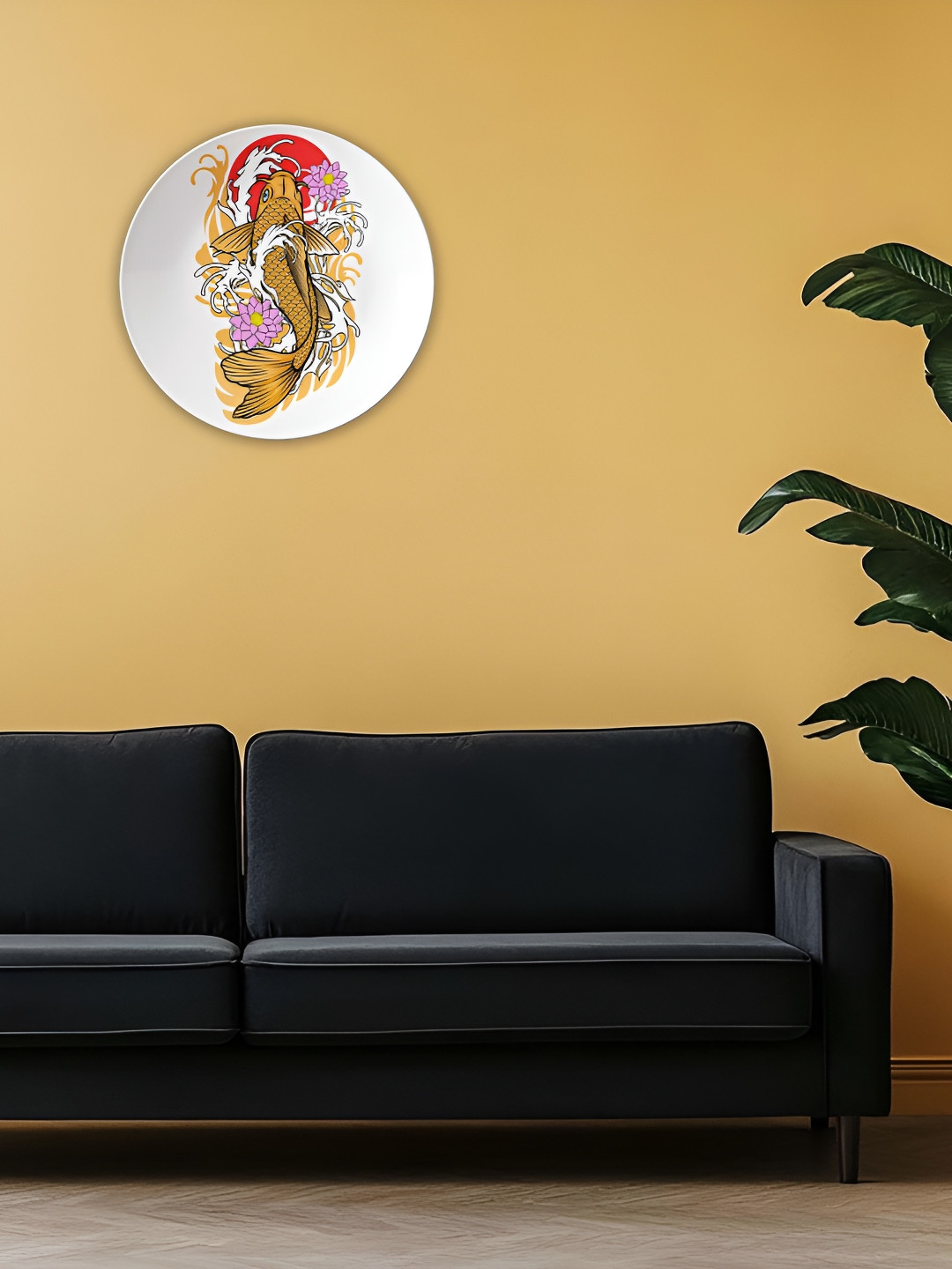 THE QUIRKY HOME Golden Koi and Lotus Ceramic Floral Glossy Hanging Hall Wall Plates-8In