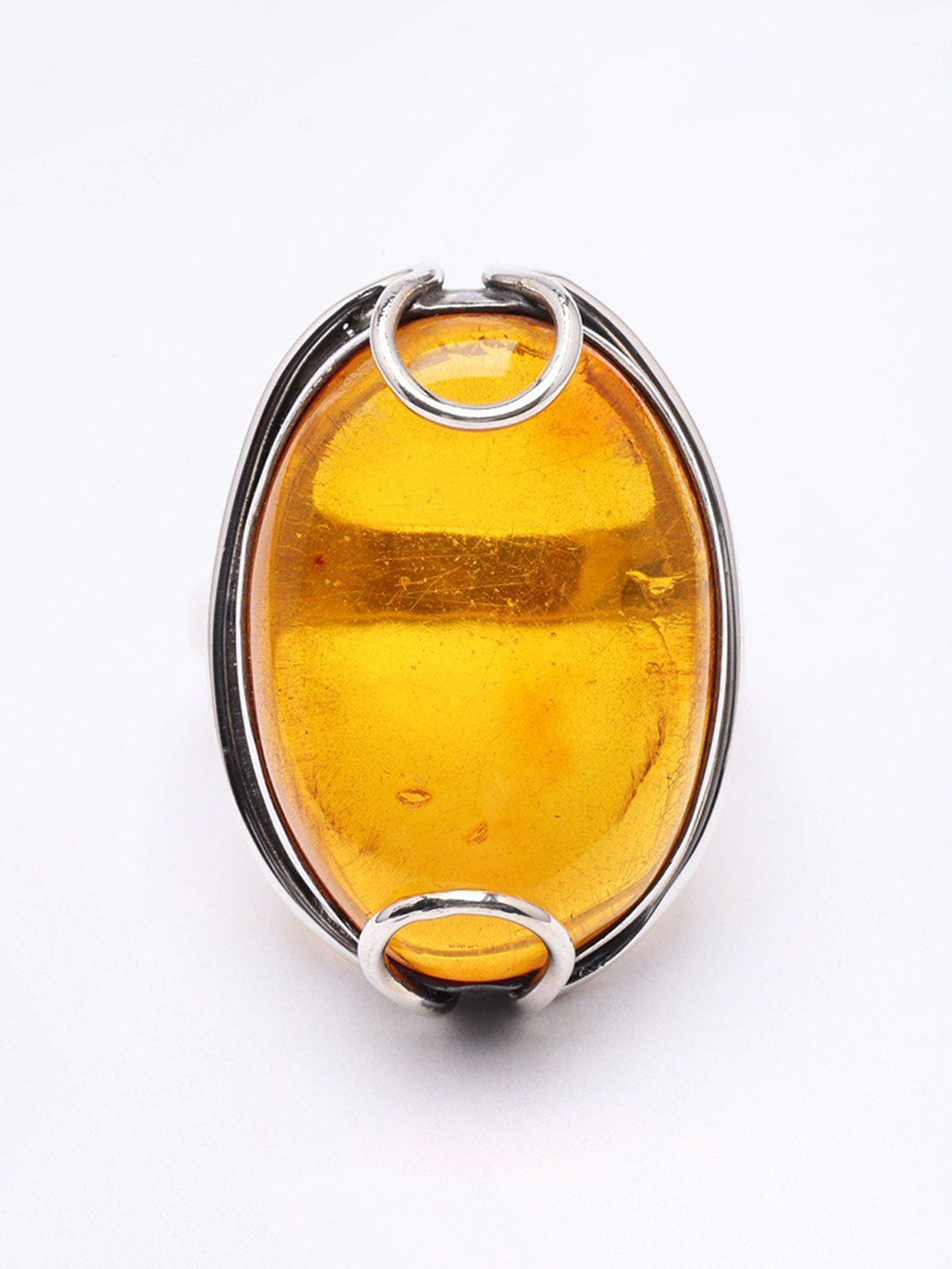 Exotic India Sterling Silver Amber Stone-Studded Finger Ring