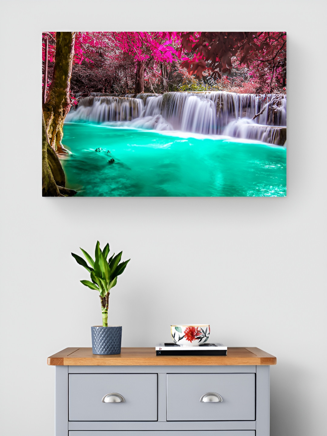 Tushaco Handicrafts Green & Pink 1 Piece Waterfall Canvas Wall Art