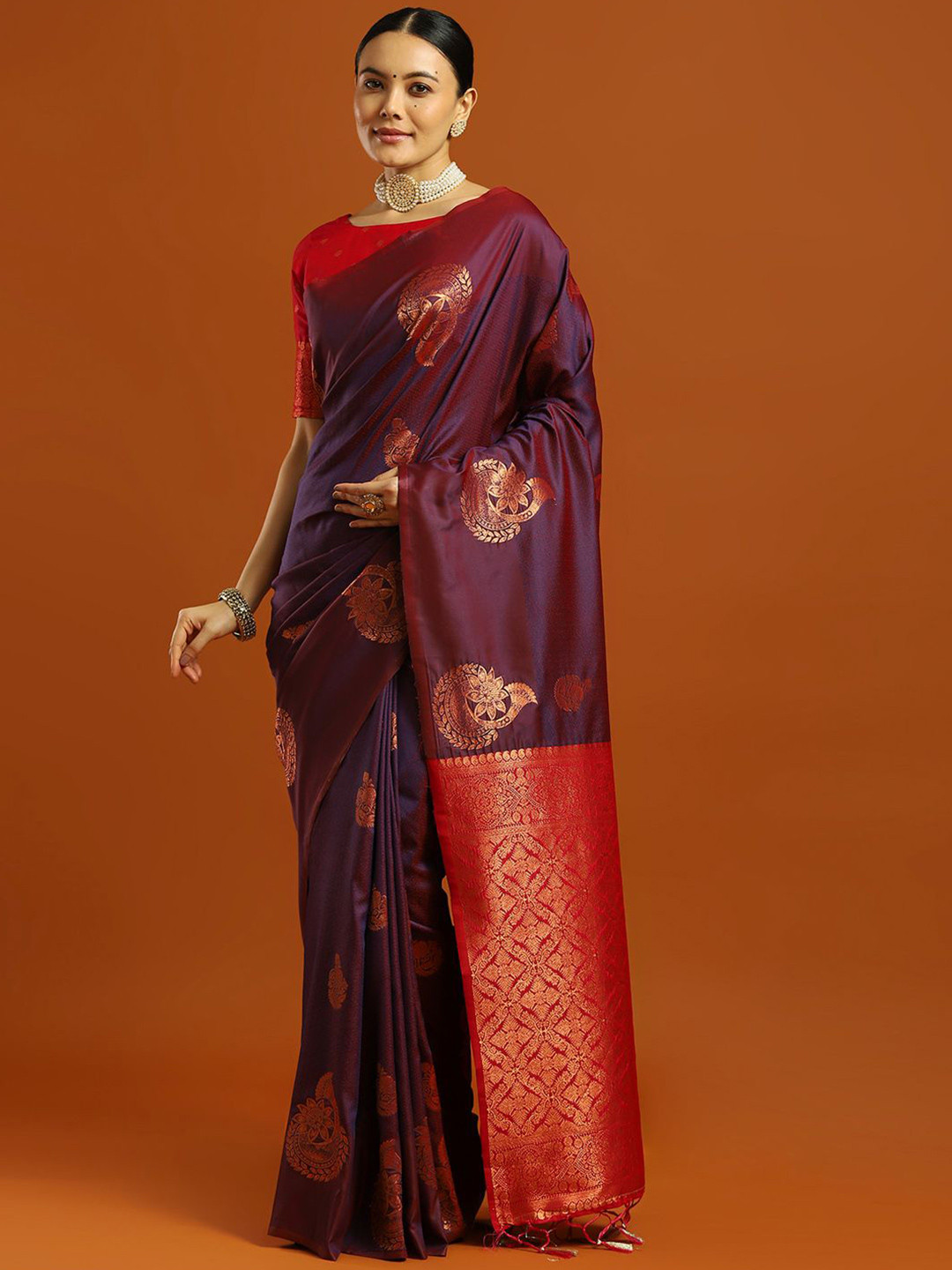 Mitera Women Woven Design Kanjivaram Silk Saree with Blouse