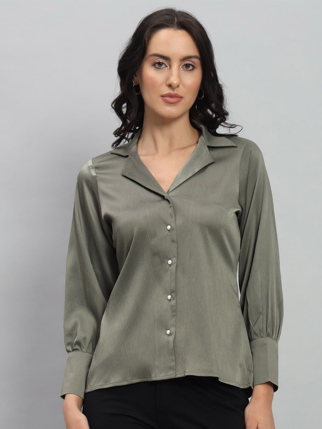 The Roadster Lifestyle Co Standard Notched Design Cuban Collar Satin Formal Shirt