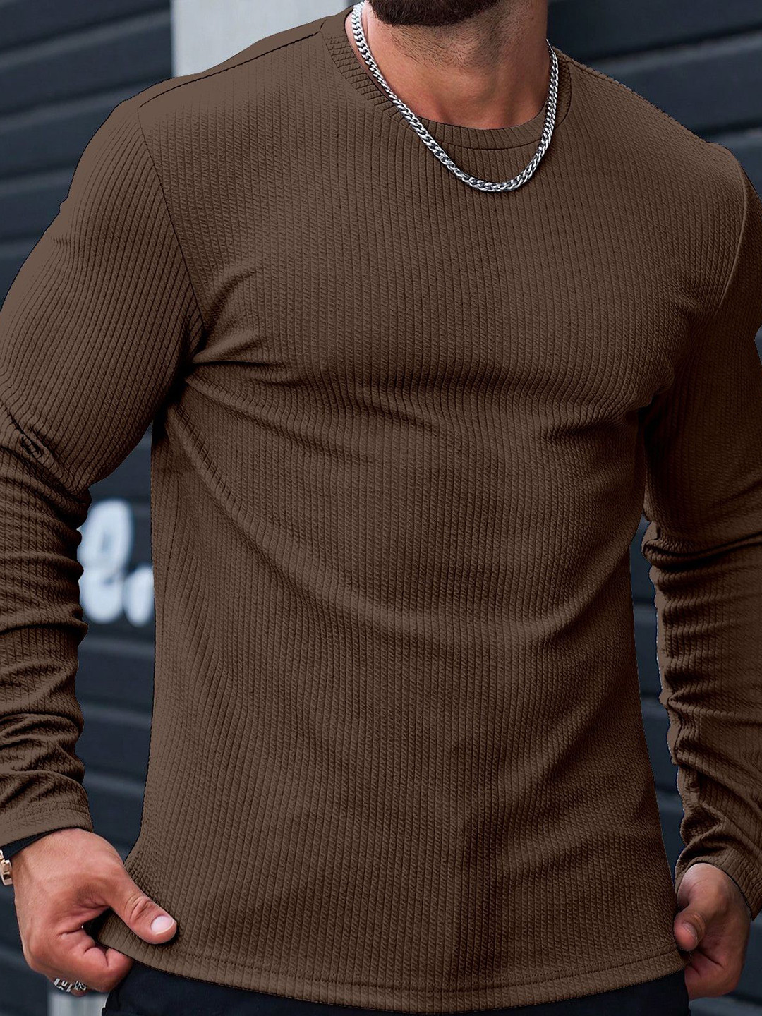 KAJARU Self Design Round Neck Long Sleeves Regular Fit Casual T-Shirt