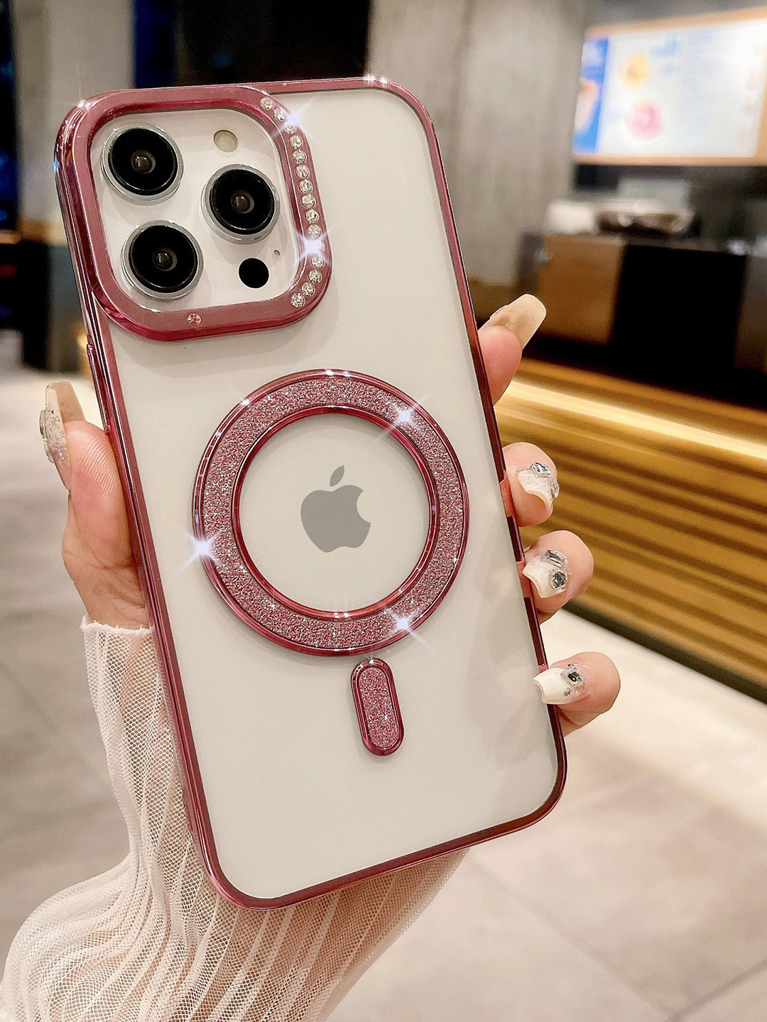 Luxury Kase Transparent Back Cover for iPhone 16 Pro with Shimmer MagSafe Ring