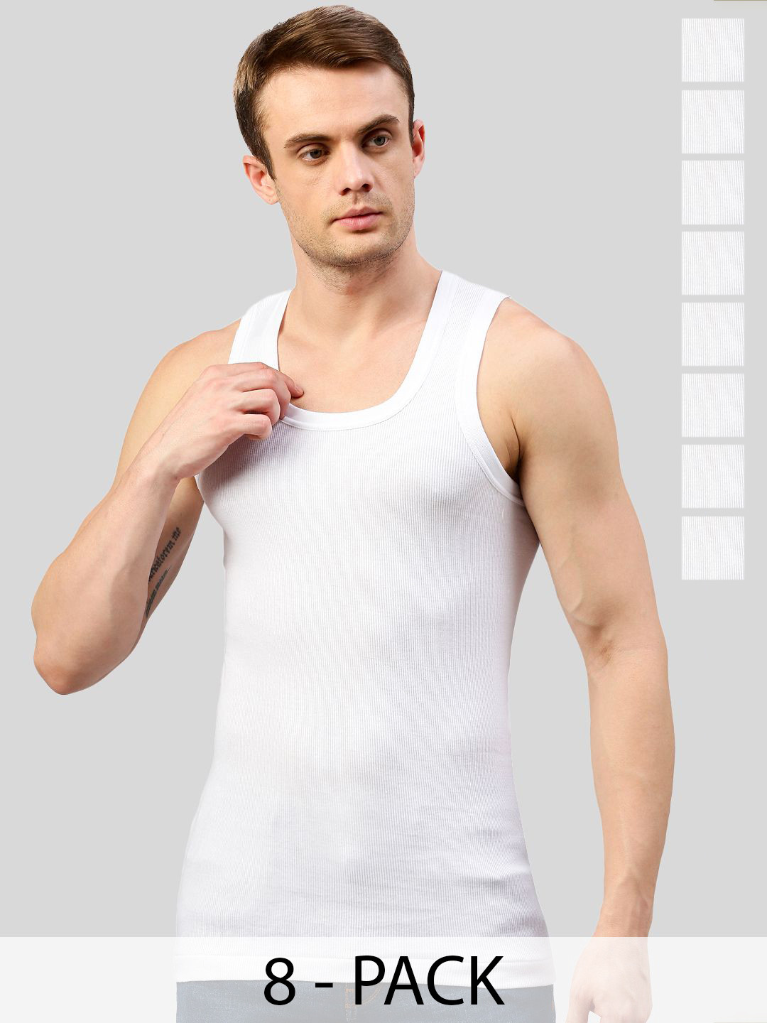 MACHO Sporto Pack Of 8 Ribbed Ultrasoft Pure Cotton Vests ASI024BRN-WHT-8PC