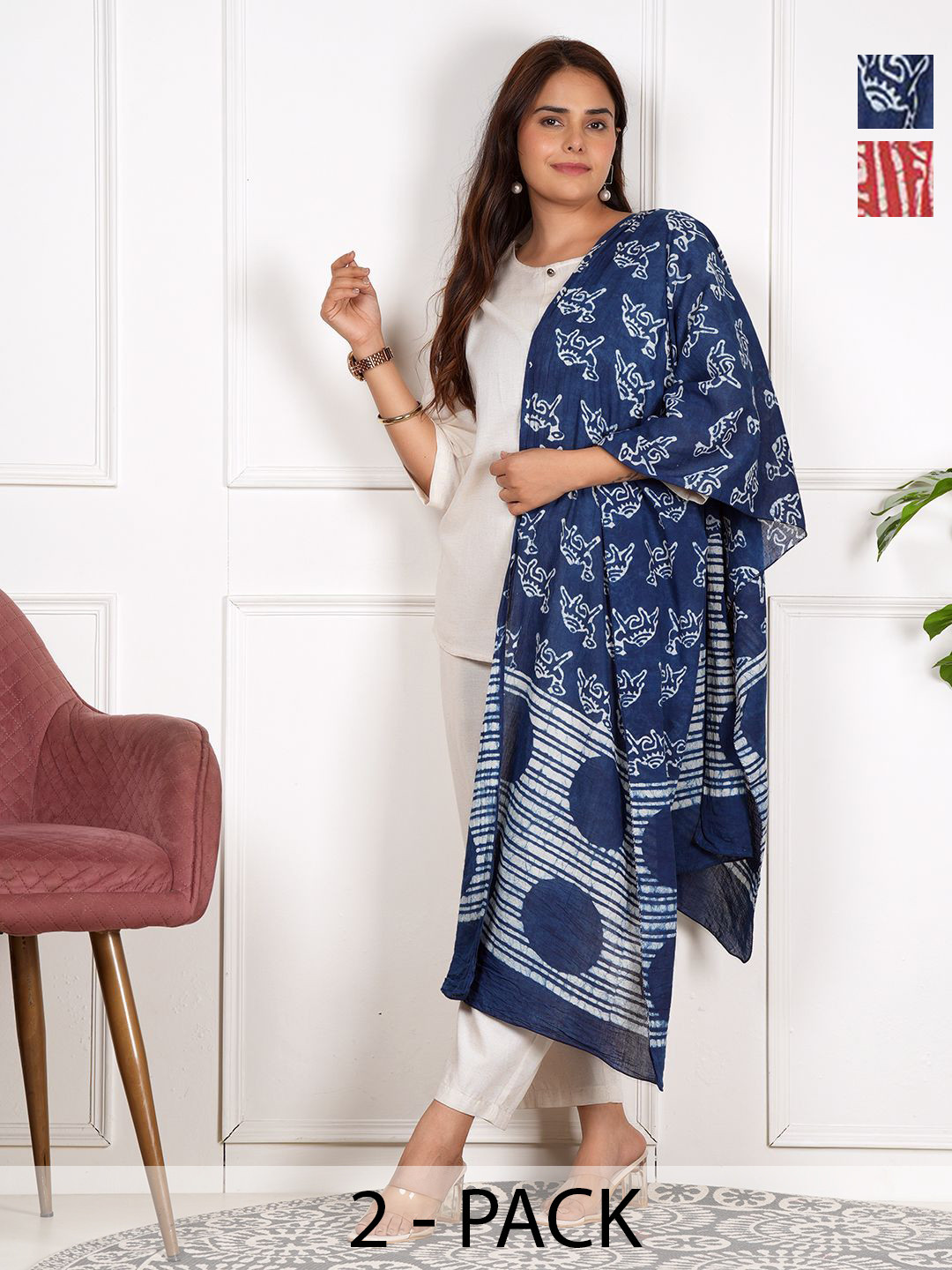 Style Shoes Women Pack of 2 Ajrakh Block Printed Cotton Stole