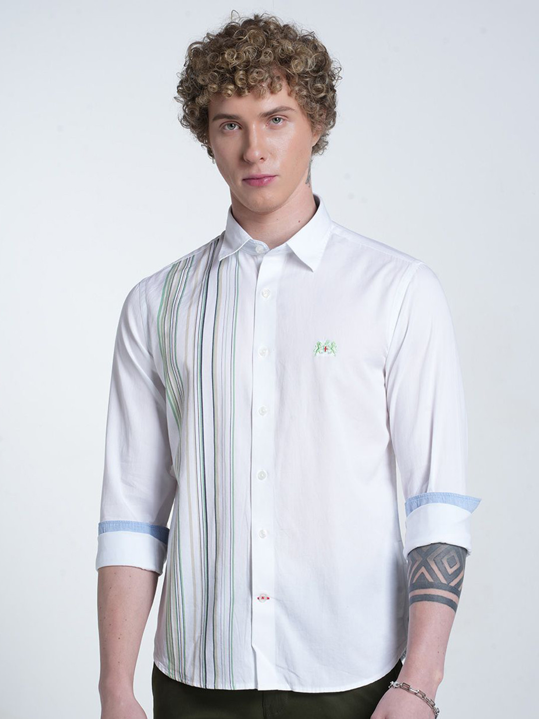 Double Two Striped Spread Collar Slim Fit Long Sleeves Cotton Casual Shirt
