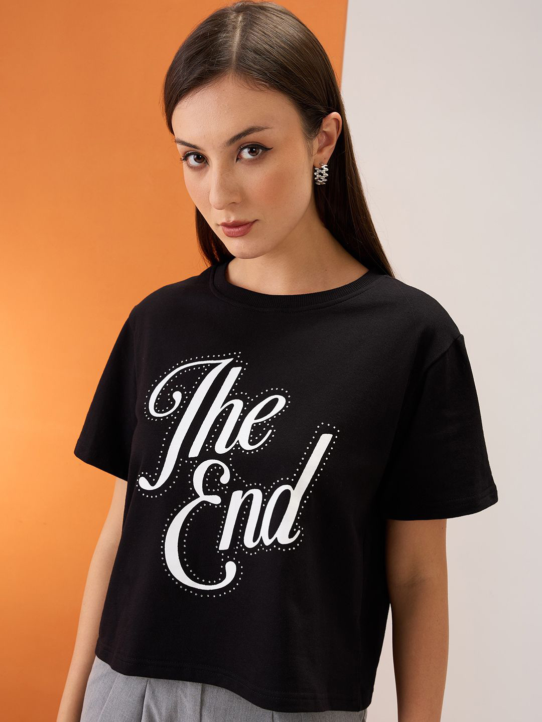 Globus Typography Print Embellished Boxy Fit Crop T-Shirt