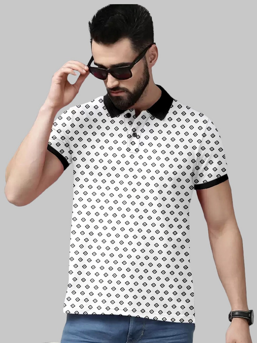 FTX White and Black Geometric Polo Collar T-shirt