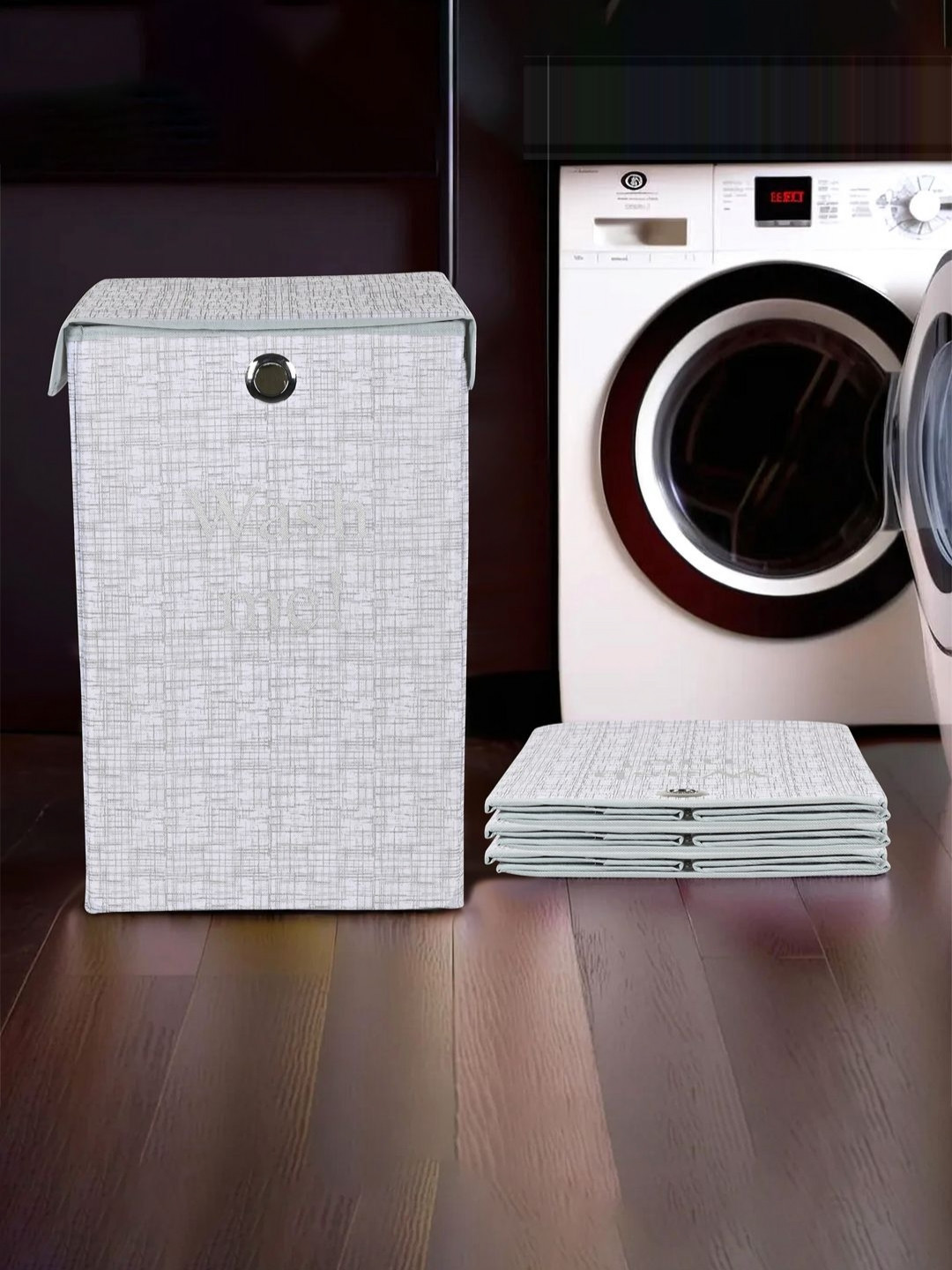 Aura 4Pcs Grey Jute Printed Foldable Laundry Bags With Lid & Ring - 75 L Each