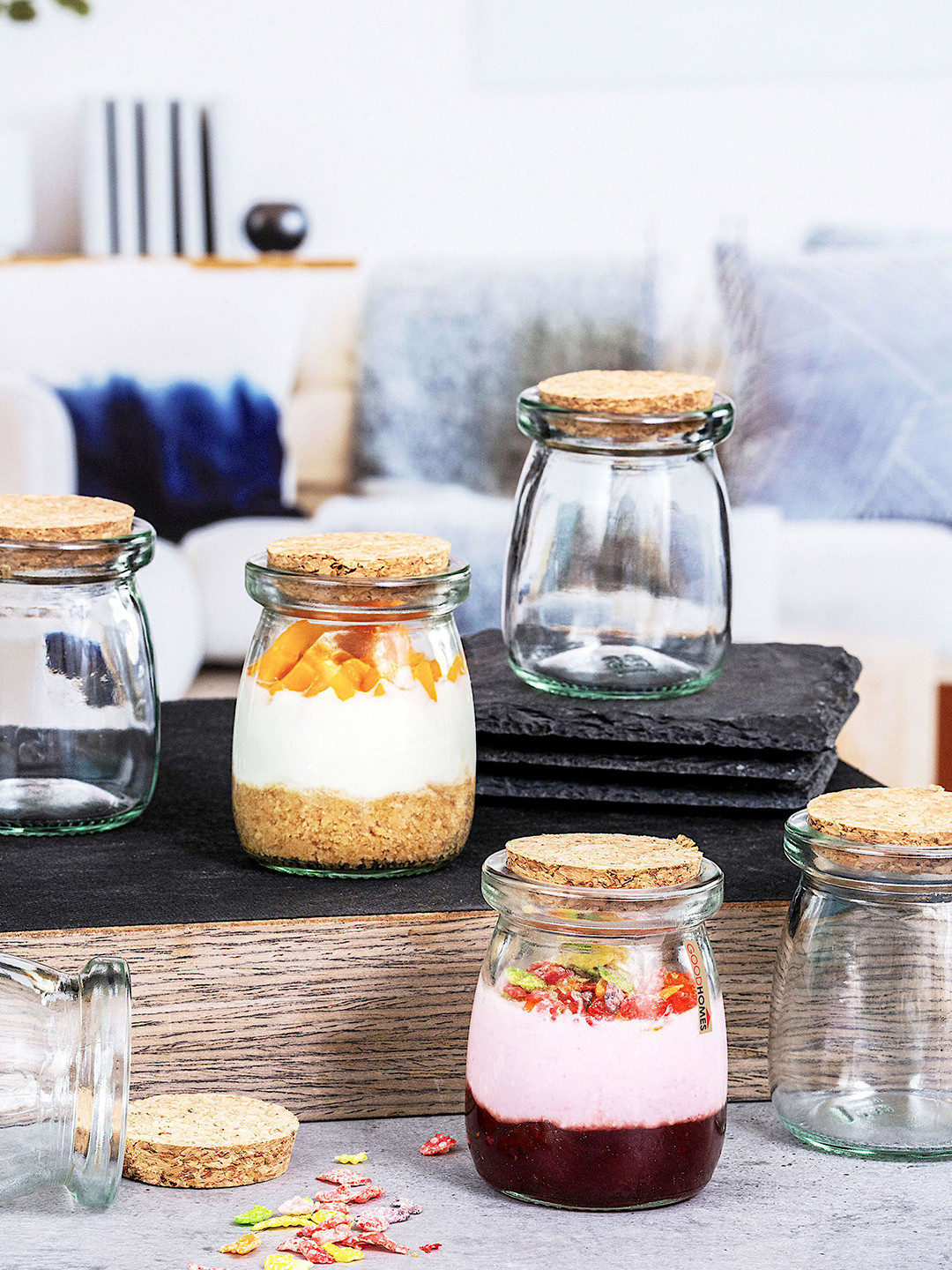 GOODHOMES Transparent & Brown 6 Pieces Glass Spice Jar Set With Wooden Lid