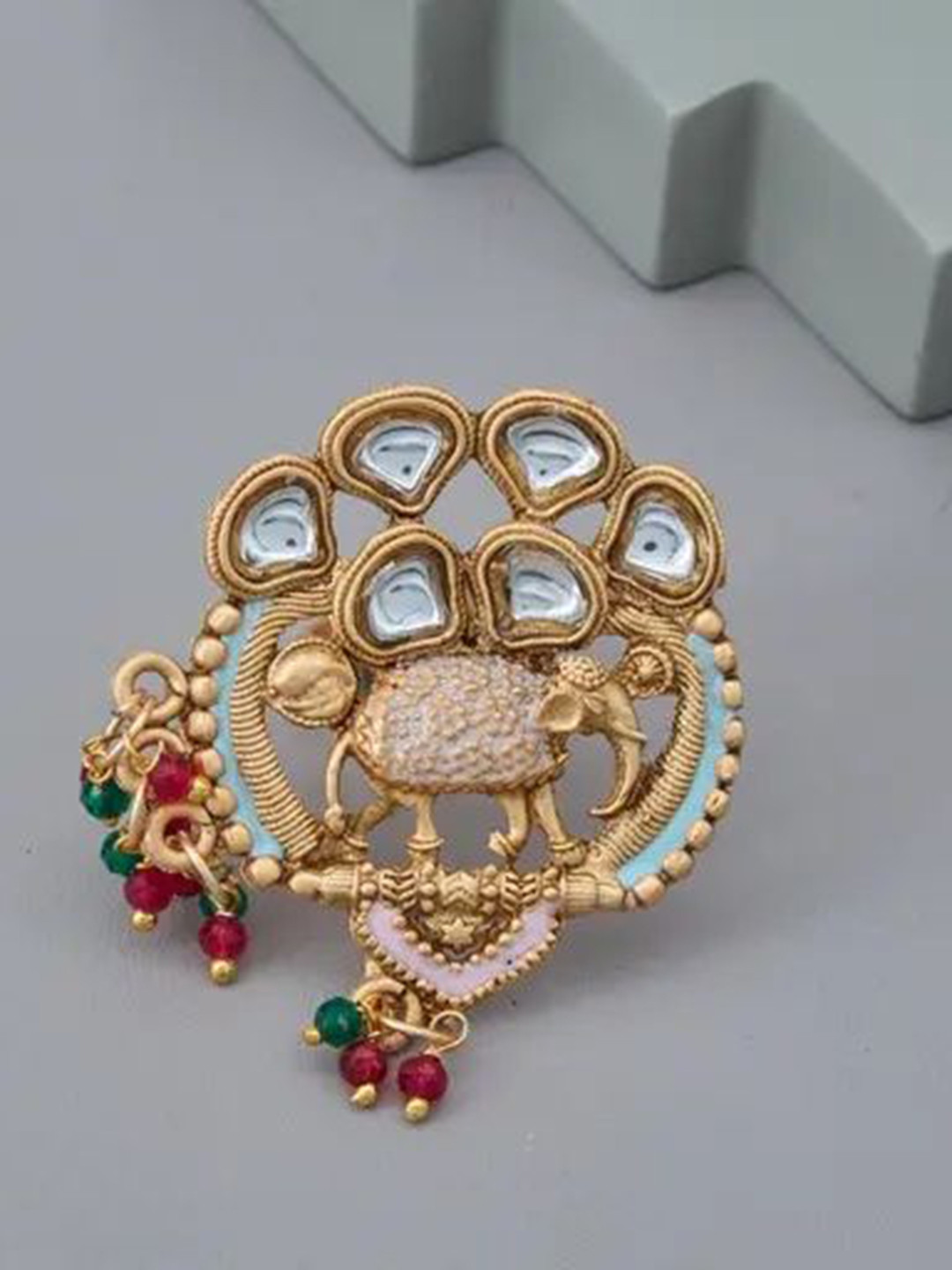 GC PREMIUM JEWELLERY Gold-Plated Elephant Kundan-Studded & Beaded Finger Ring