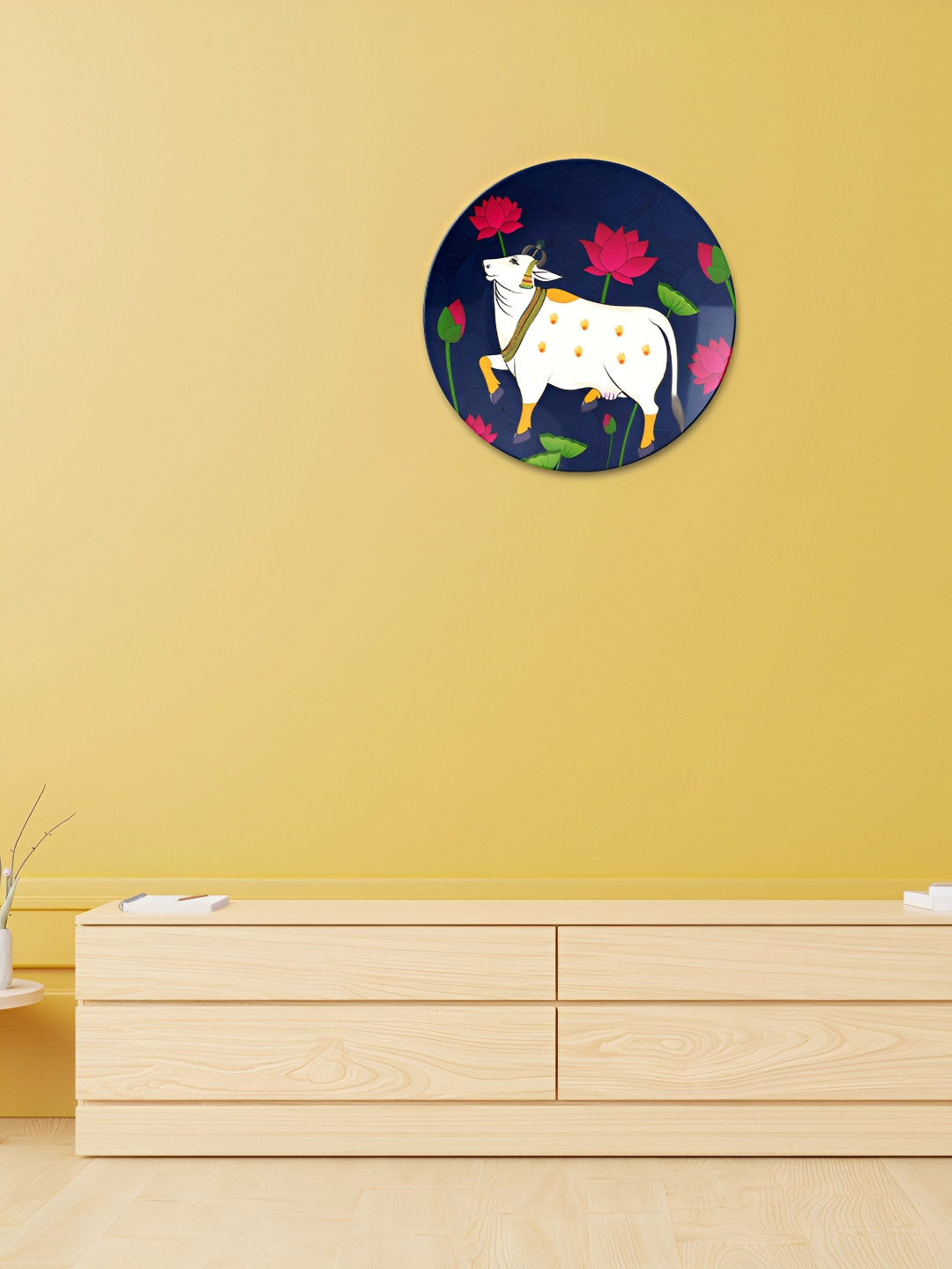 THE QUIRKY HOME Pichwai Cow Ceramic Floral Glossy Hanging Hall Wall Plates-8In