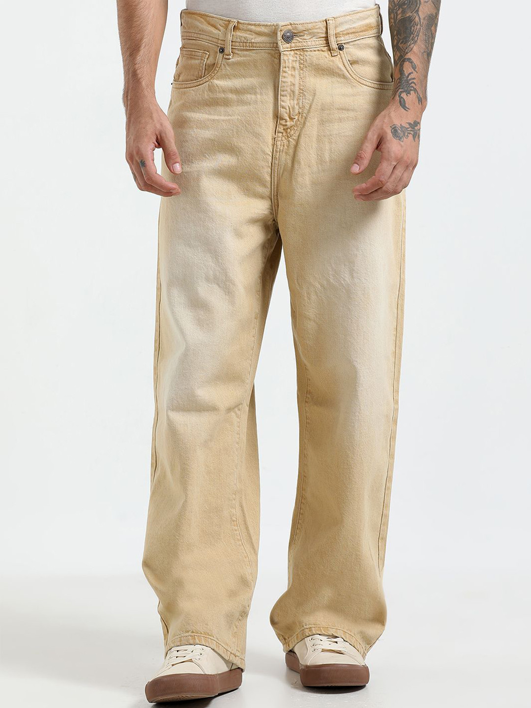 Espanshe Men Baggy Fit Mid-Rise Light Fade Cotton Jeans