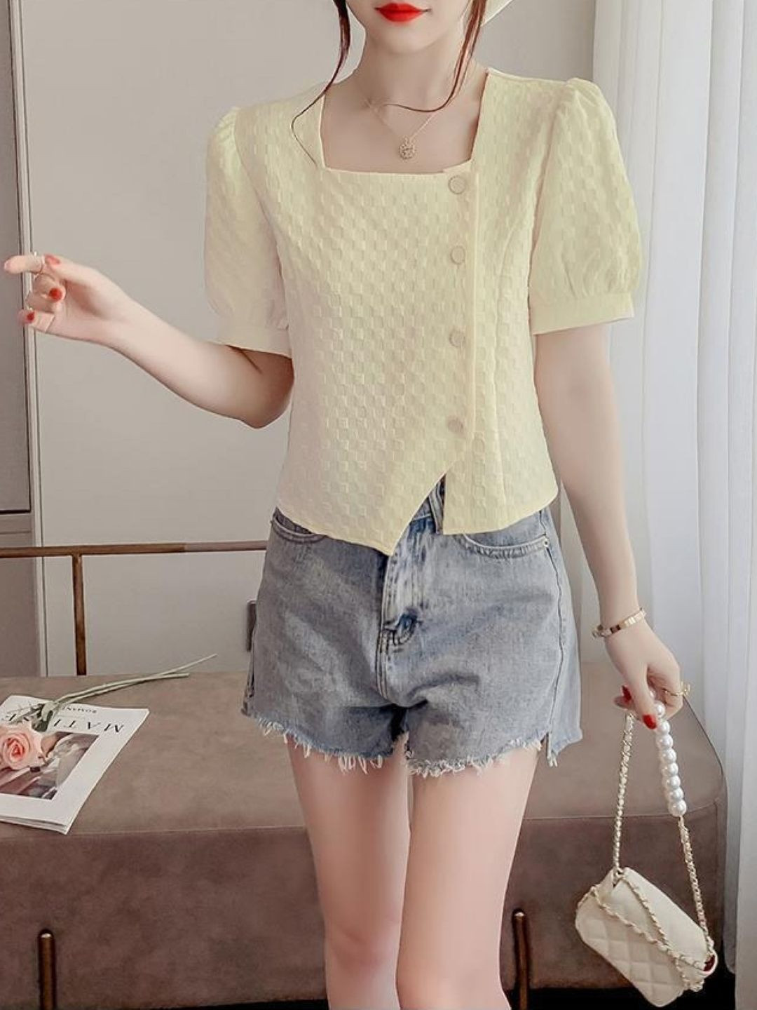 Yellow Square Neck Short Sleeve Casual Top