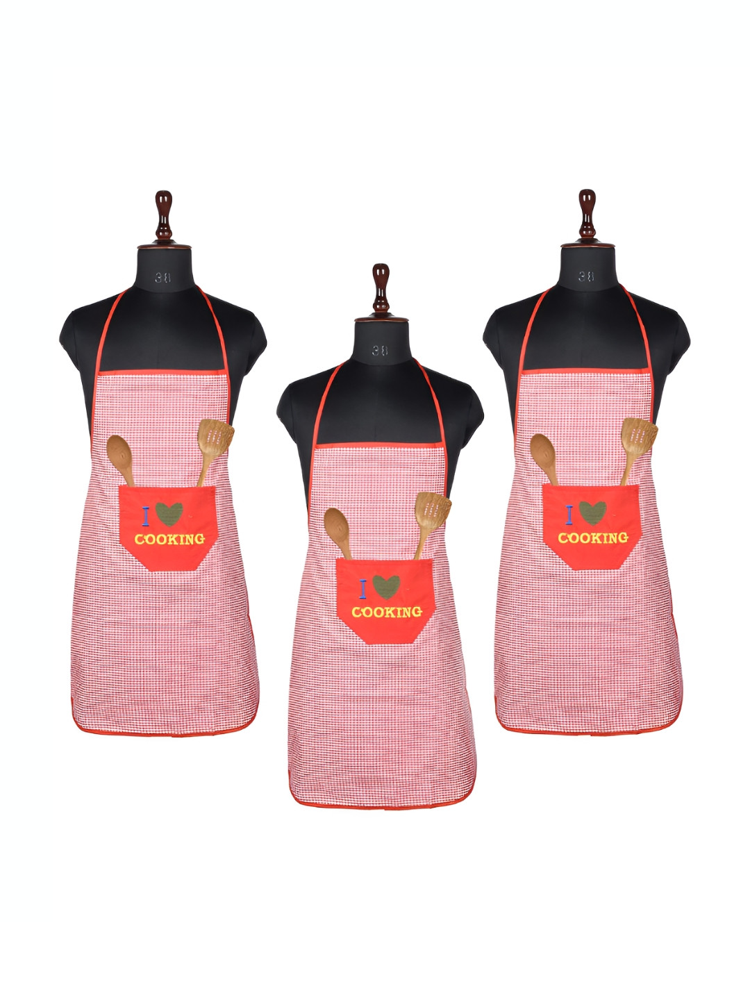 Aura Pack Of 3 Red & White Checked Waterproof Aprons With Front Pocket
