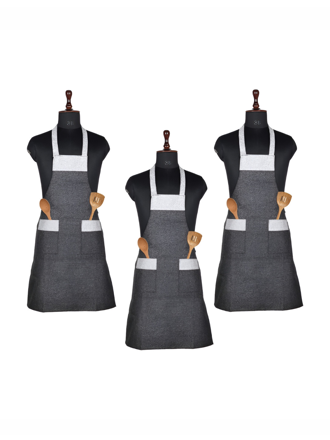 Aura Pack Of 3 Grey & White Jute Waterproof Aprons With Two Pockets