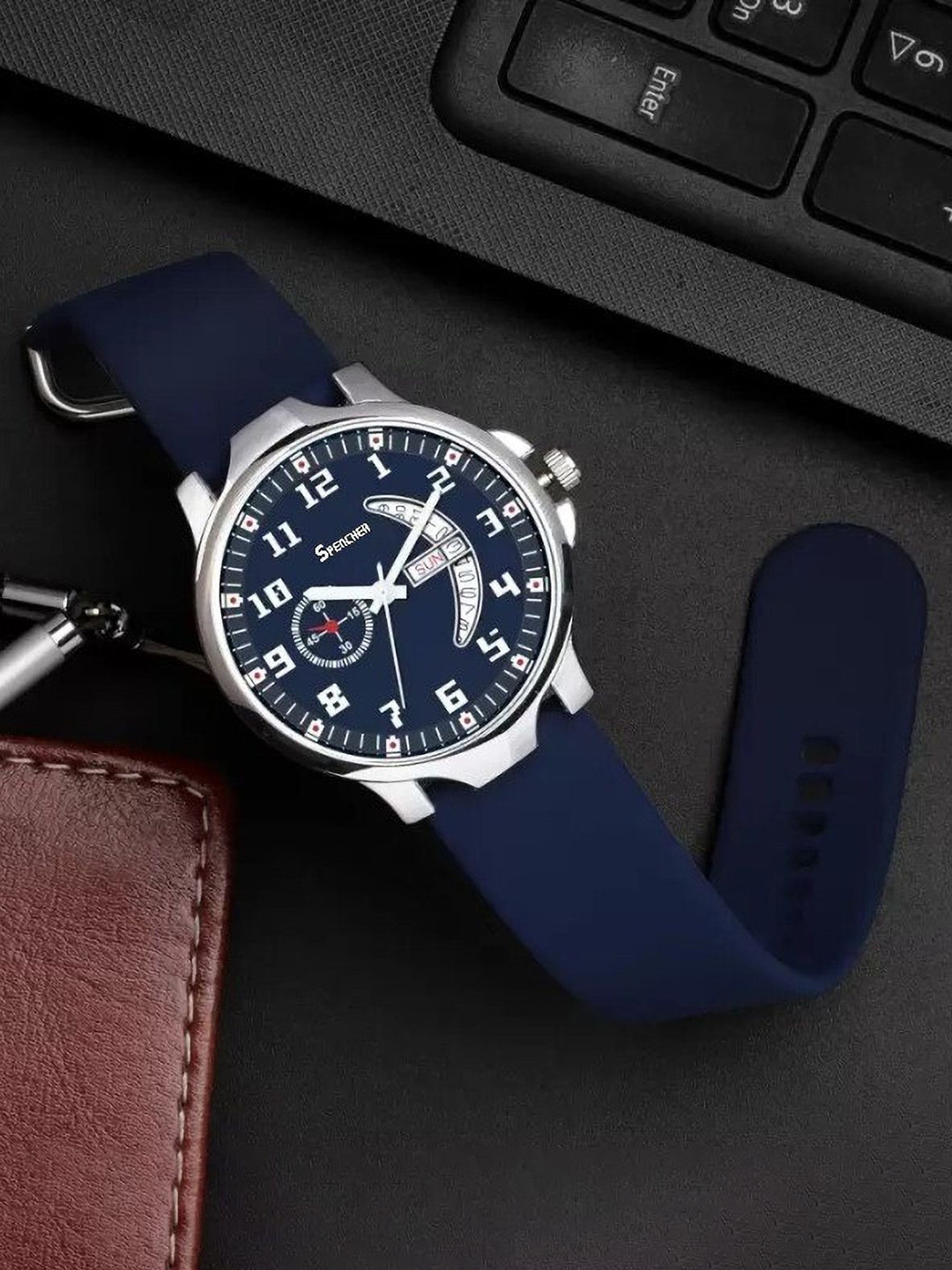 SPENCHER Men Brass Dial Analogue Multi Function Watch PVC Strap Nexon DD Full Blue