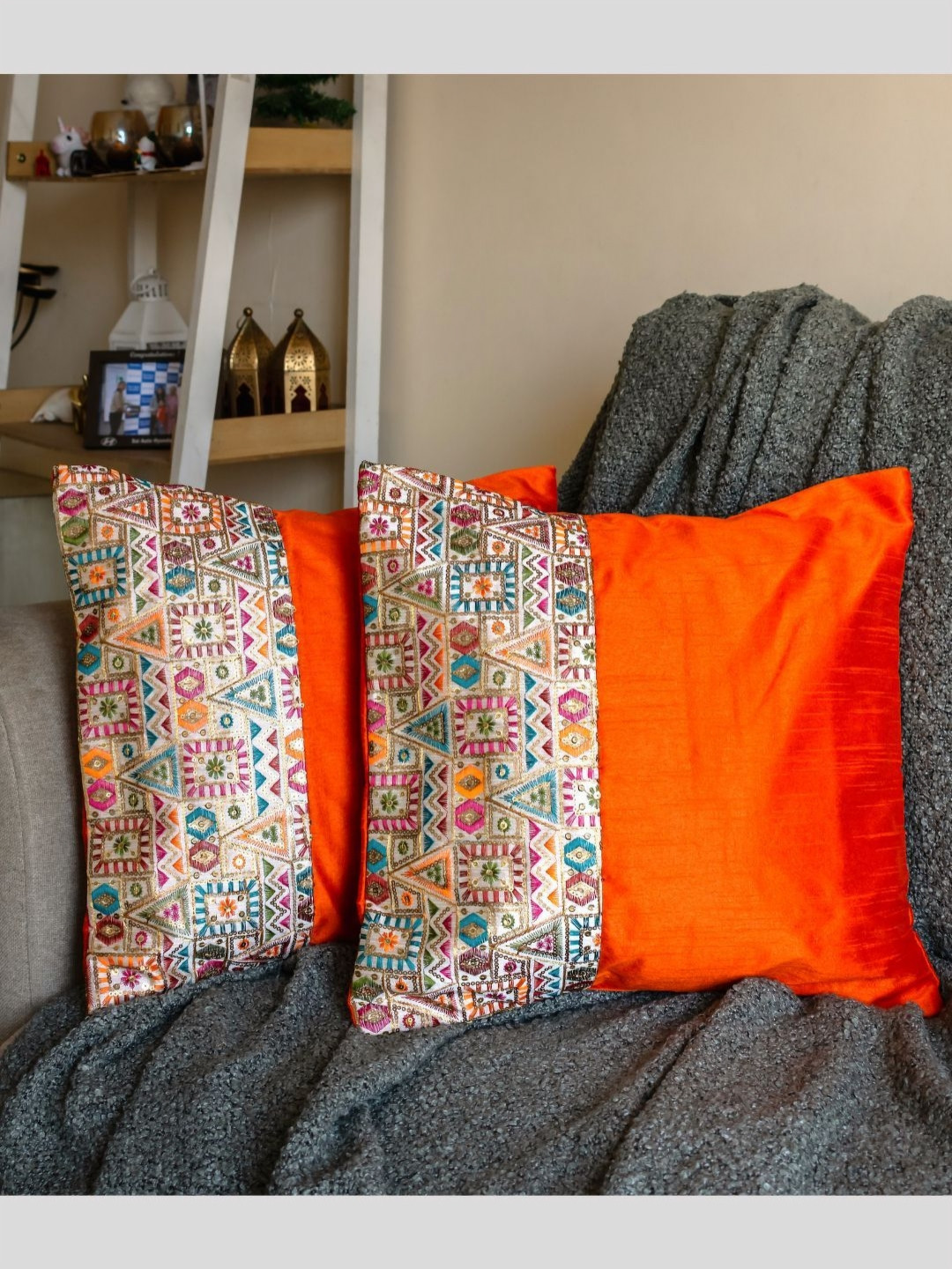 PILOVILO Orange & Pink 2 Pieces Embroidered Silk Square Cushion Covers