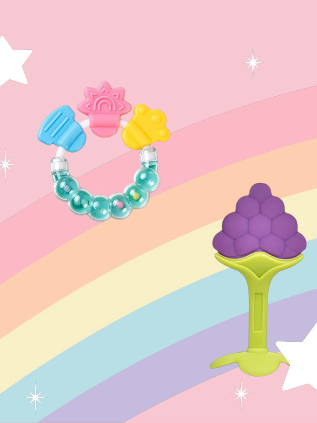 Joy Buzz Kids Set Of 2 Baby Rattle & Stand Teether - Green & Blue