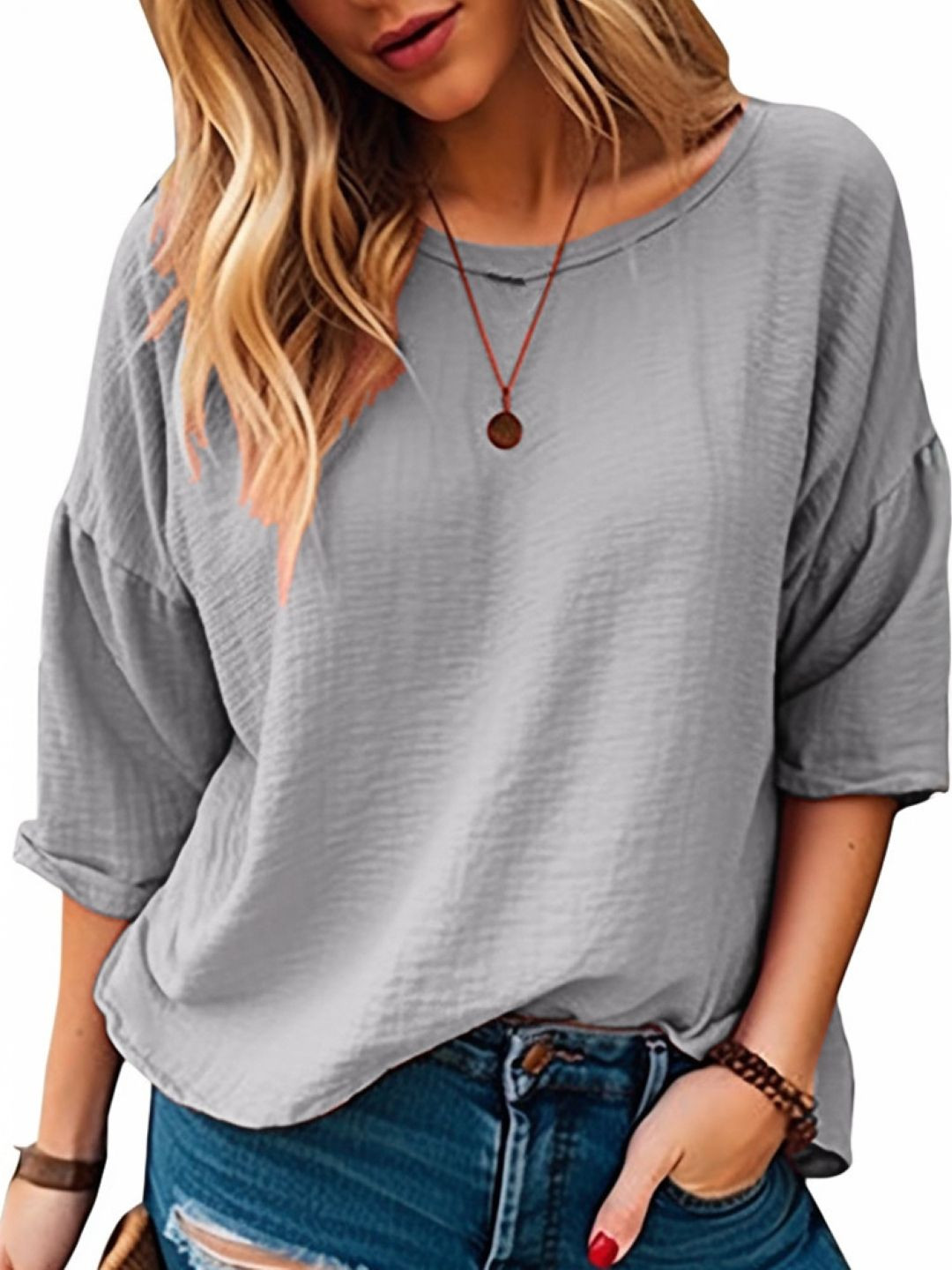 Grey Boat Neck Regular Casual Top