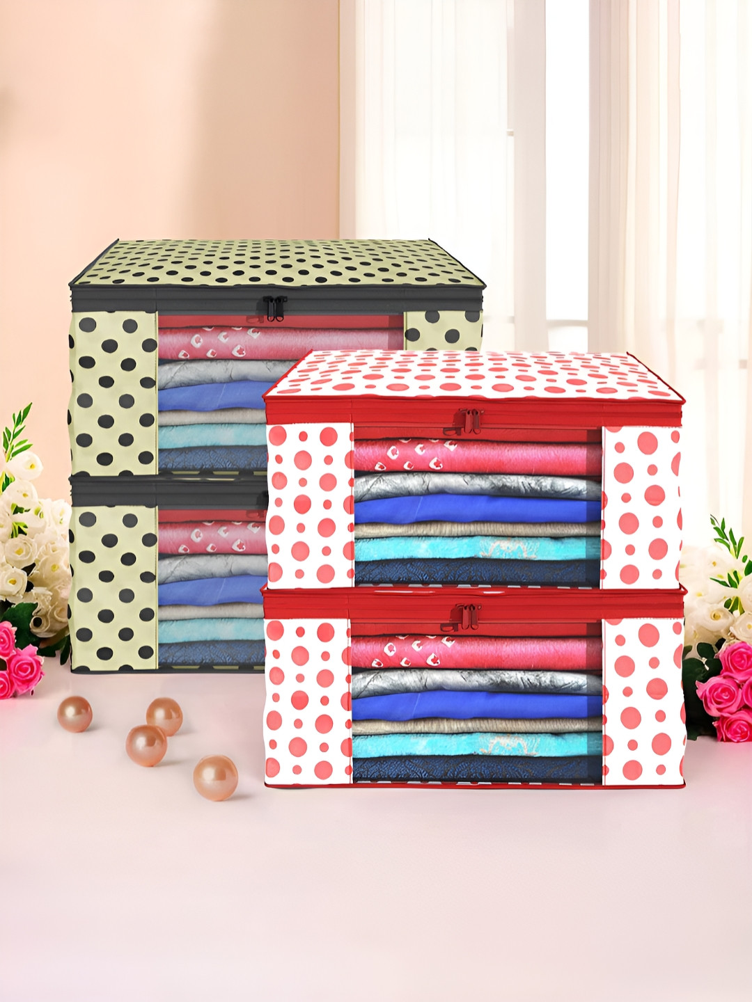 Aura Cream-Coloured & Red 4 Pieces Foldable Multi-Utility Organisers