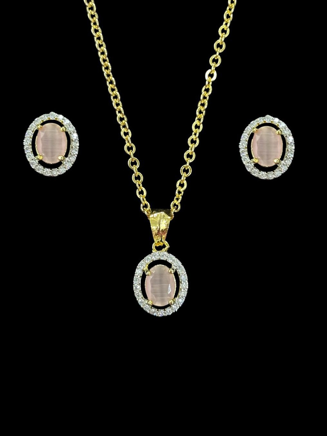 BDIVA Gold-Plated Cubic Zirconia Stones Studded Emerald Luxe Oval Necklace And Earrings