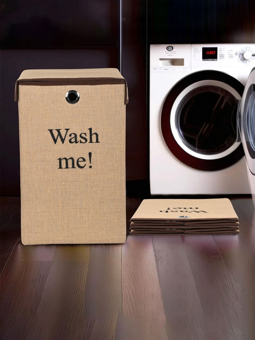 Aura 3Pcs Brown & Black Printed Jute Foldable Laundry Bags With Handles- 75 L Each