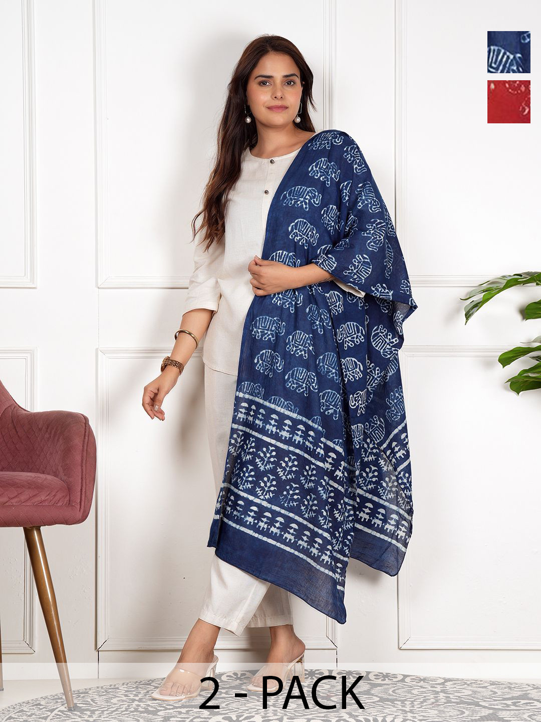 Style Shoes Selection Of 2 Ethnic Motifs Printed Pure Cotton Stoles