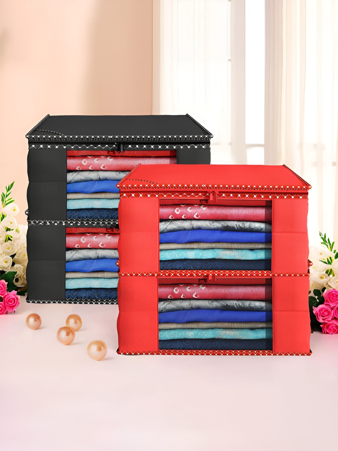 Aura Black & Red 4 Pieces Hathkadi Piping Foldable Non-Woven Multi-Utility Organisers