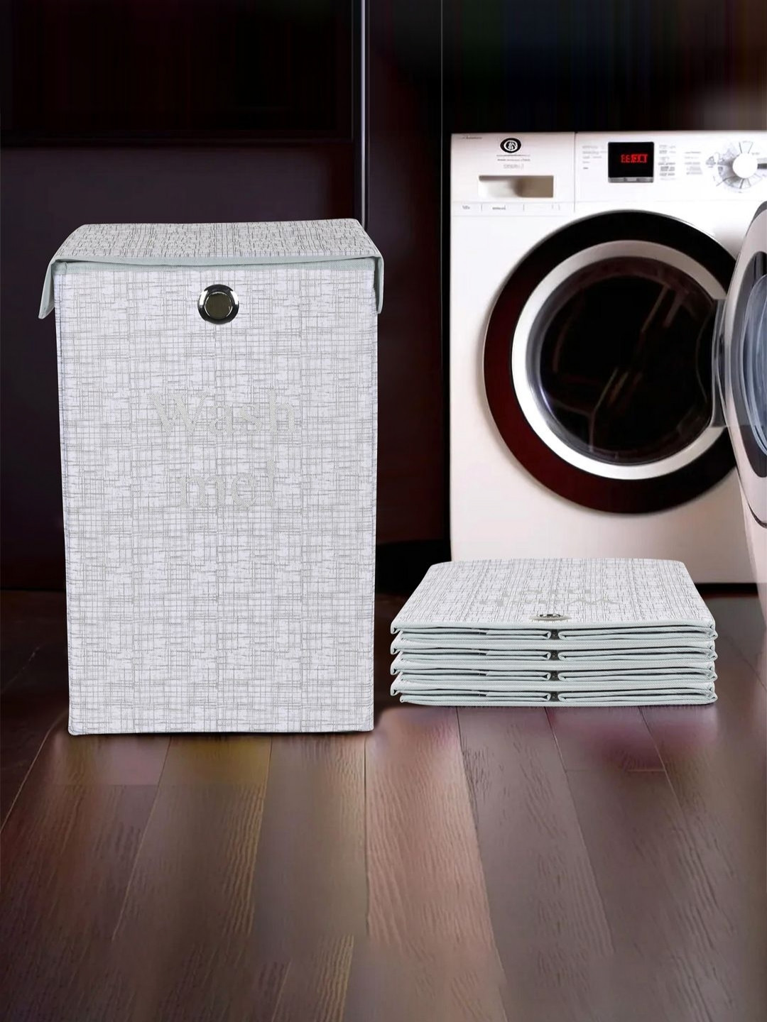 Aura 5Pcs Grey Jute Printed Foldable Laundry Bags With Lid & Ring - 75 L Each