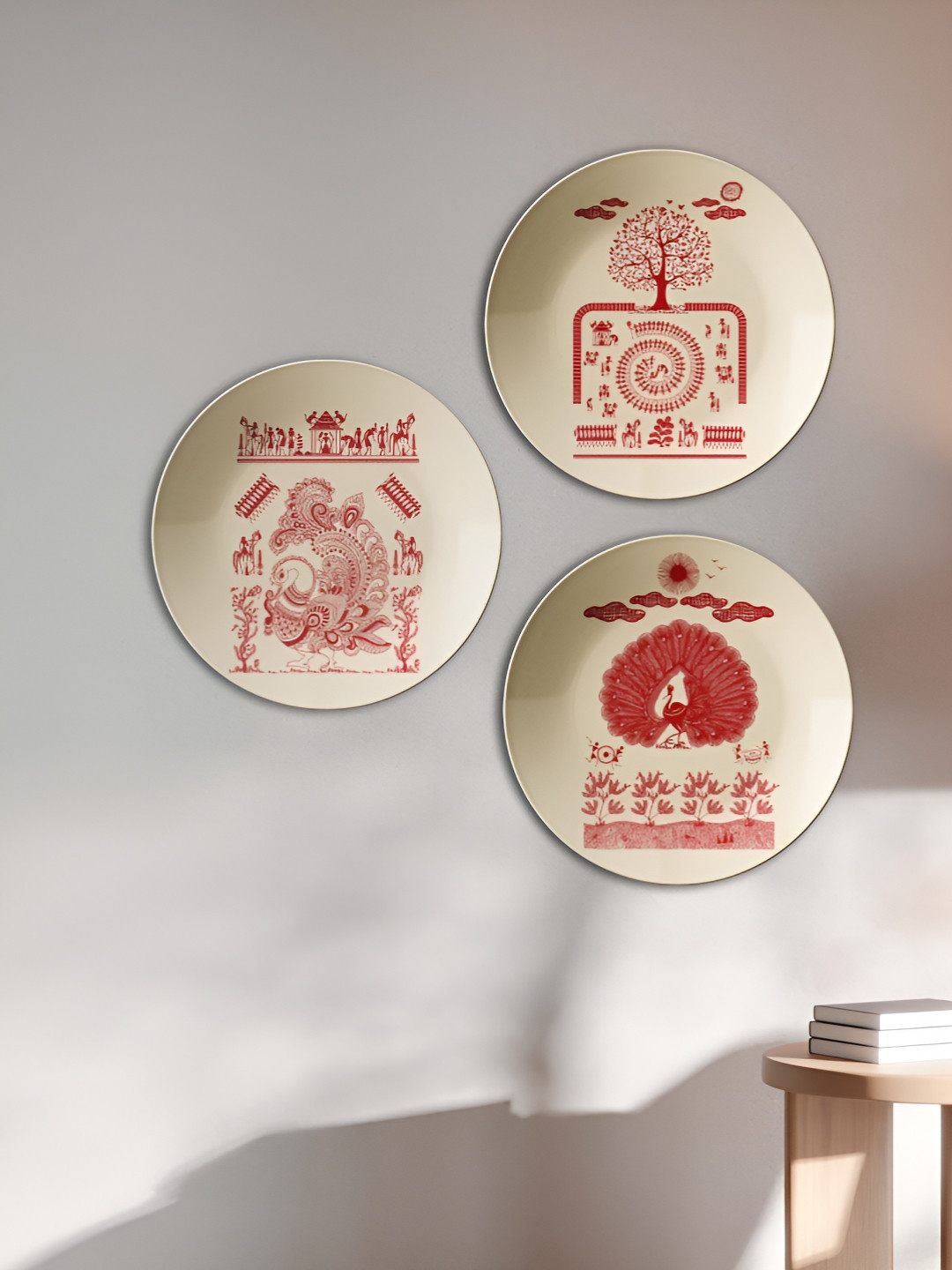 THE QUIRKY HOME Botanical Beauty Ceramic Ethnic Motifs Glossy Hall 3Pcs Wall Plates-10In