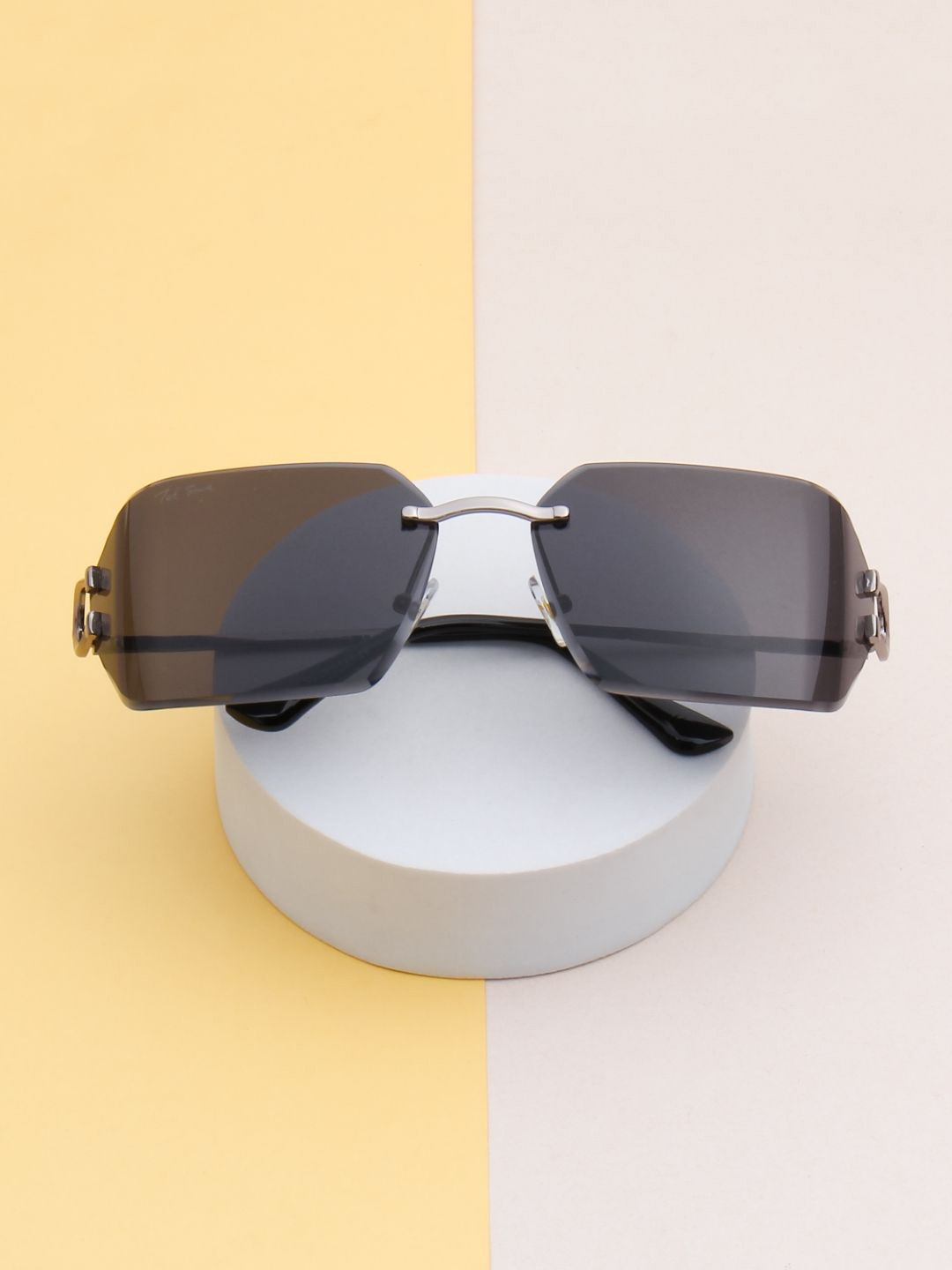 Ted Smith Unisex Aesthetic-Brat Silver-Black Rimless Sunglasses with UV Protected Lens