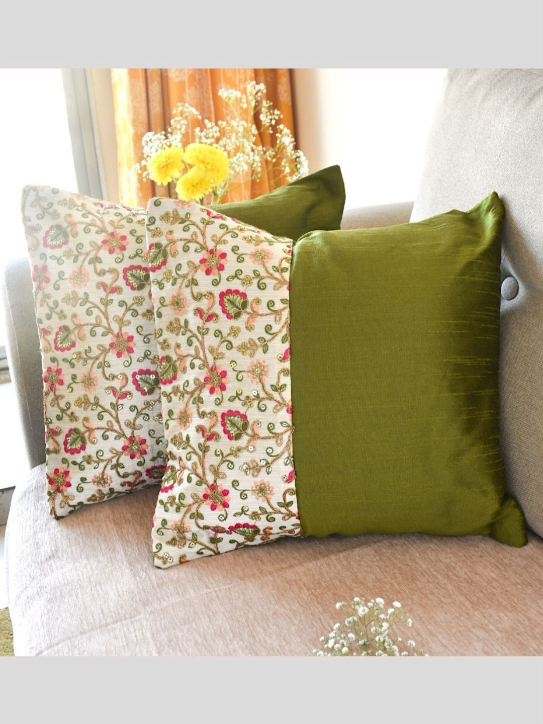 PILOVILO Green & Pink 2 Pieces Floral Embroidered Silk Square Cushion Covers