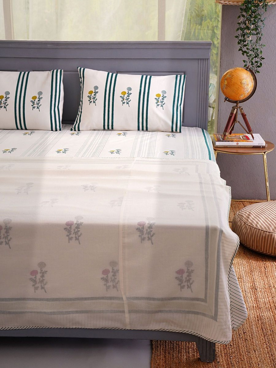 JAYPORE Cream & yellow Floral Printed Cotton Single Bed Dohar