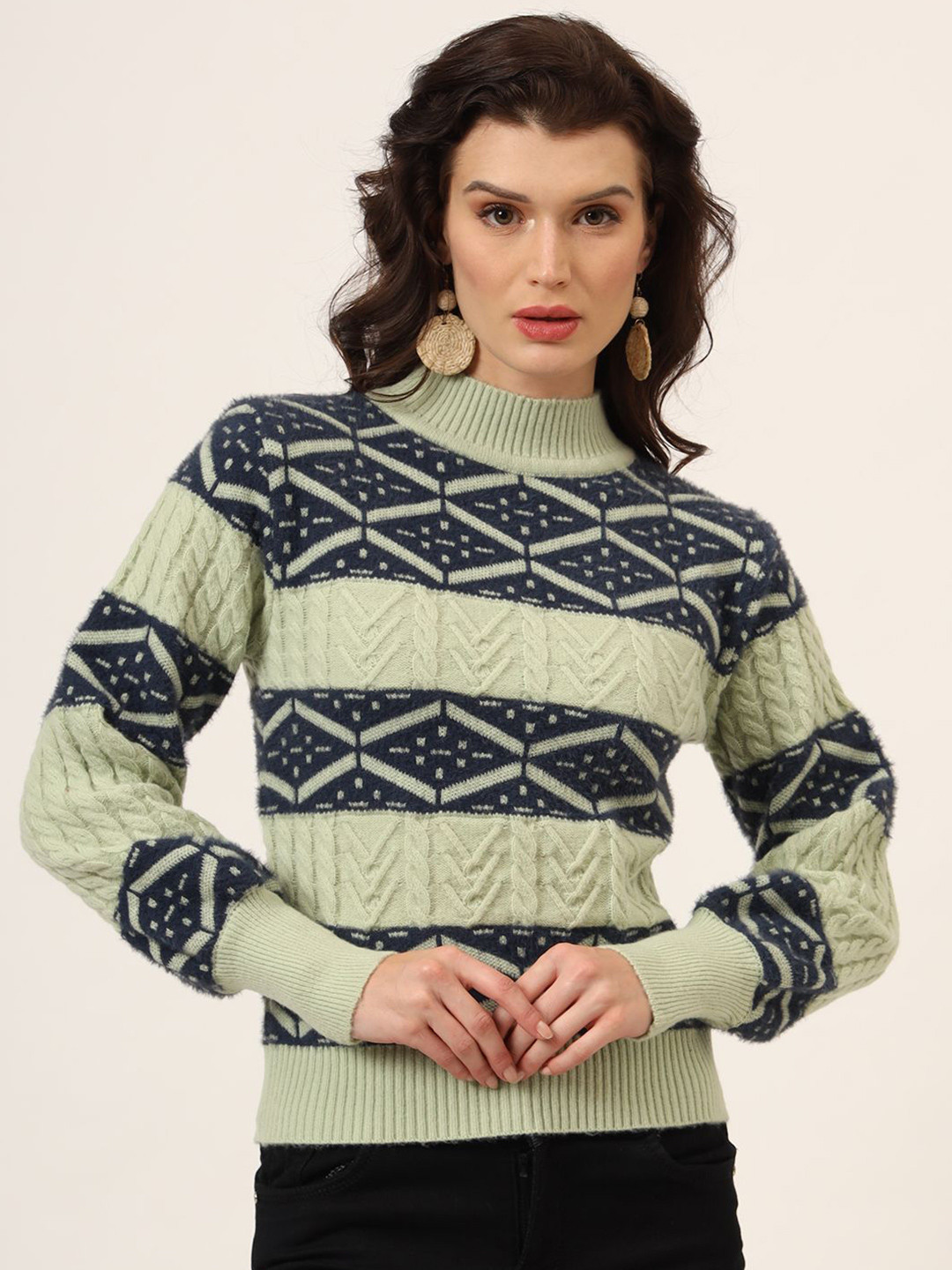 MODKLINE WITH MK Women High Neck Cable Knit Woollen Pullover