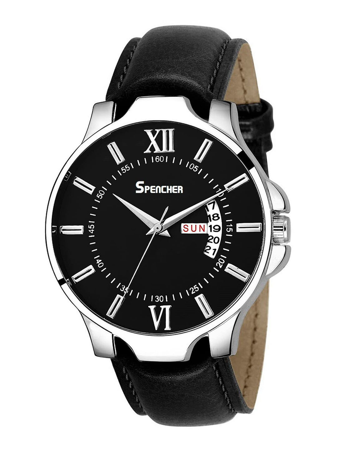 SPENCHER Men Leather Straps Analogue Multi Function Watch SMW D&D Black Dial Black Strap