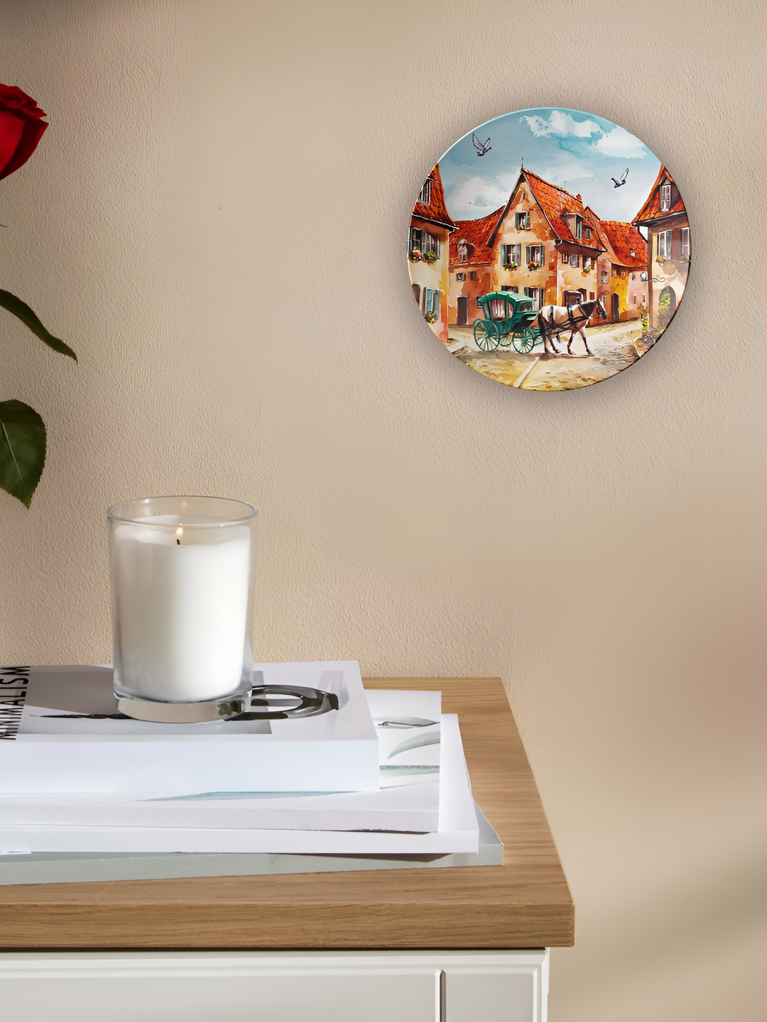 THE QUIRKY HOME Horse Carriage Crafted Ceramics Glossy Hanging Hall Wall Plates-8In