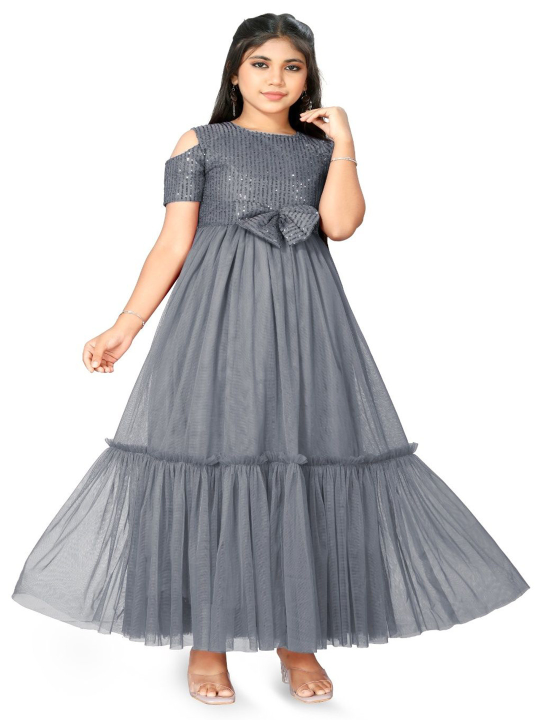 DP FABRICS RadhaN Girls Embellished Sequined Cold-Shoulder Maxi Dress