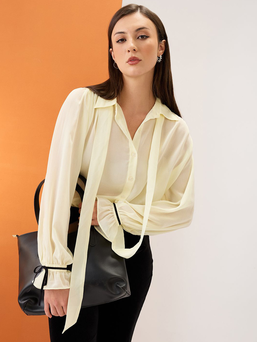 Globus Collared Neck Tie Detail Bishop Sleeves Chiffon Oversized Party Shirt
