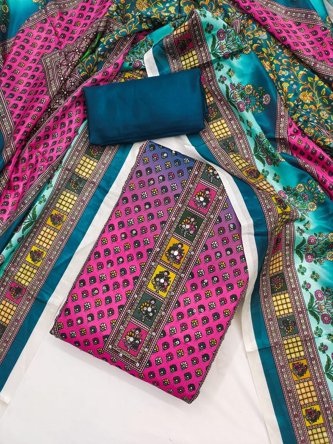 HE VAHLA Ethnic Motifs Digital Print Mirror & Diamond Work Silk Unstitched Dress Material