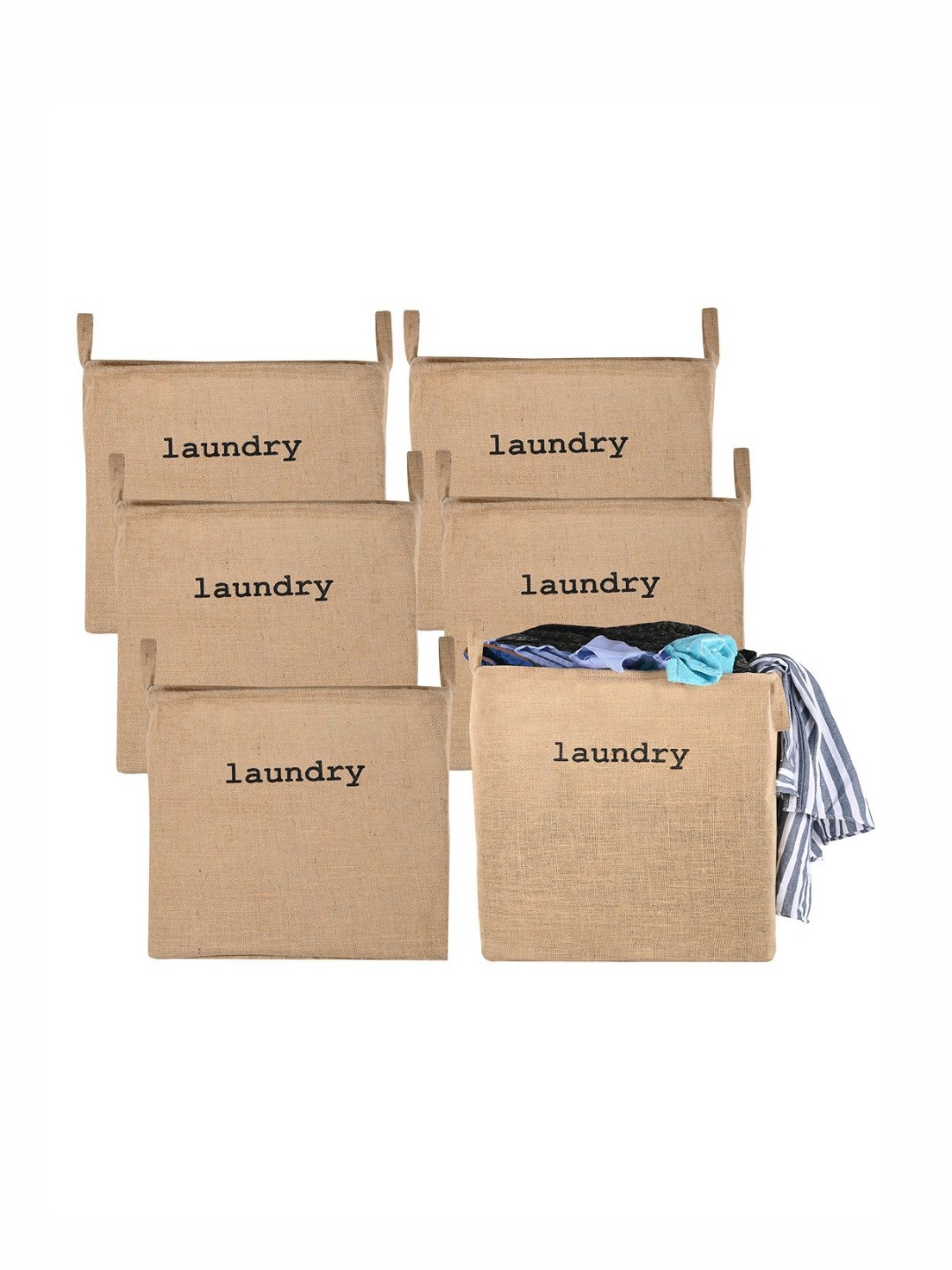 Aura 6Pcs Brown & Black Printed Jute Foldable Laundry Bags With Handles - 55 L Each