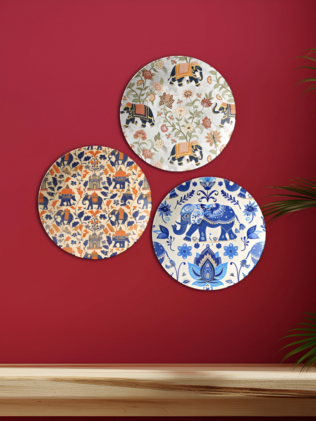 THE QUIRKY HOME Royal Elephant Medallions Ceramic Bohemian Glossy 3Pcs Wall Plates-9.8In